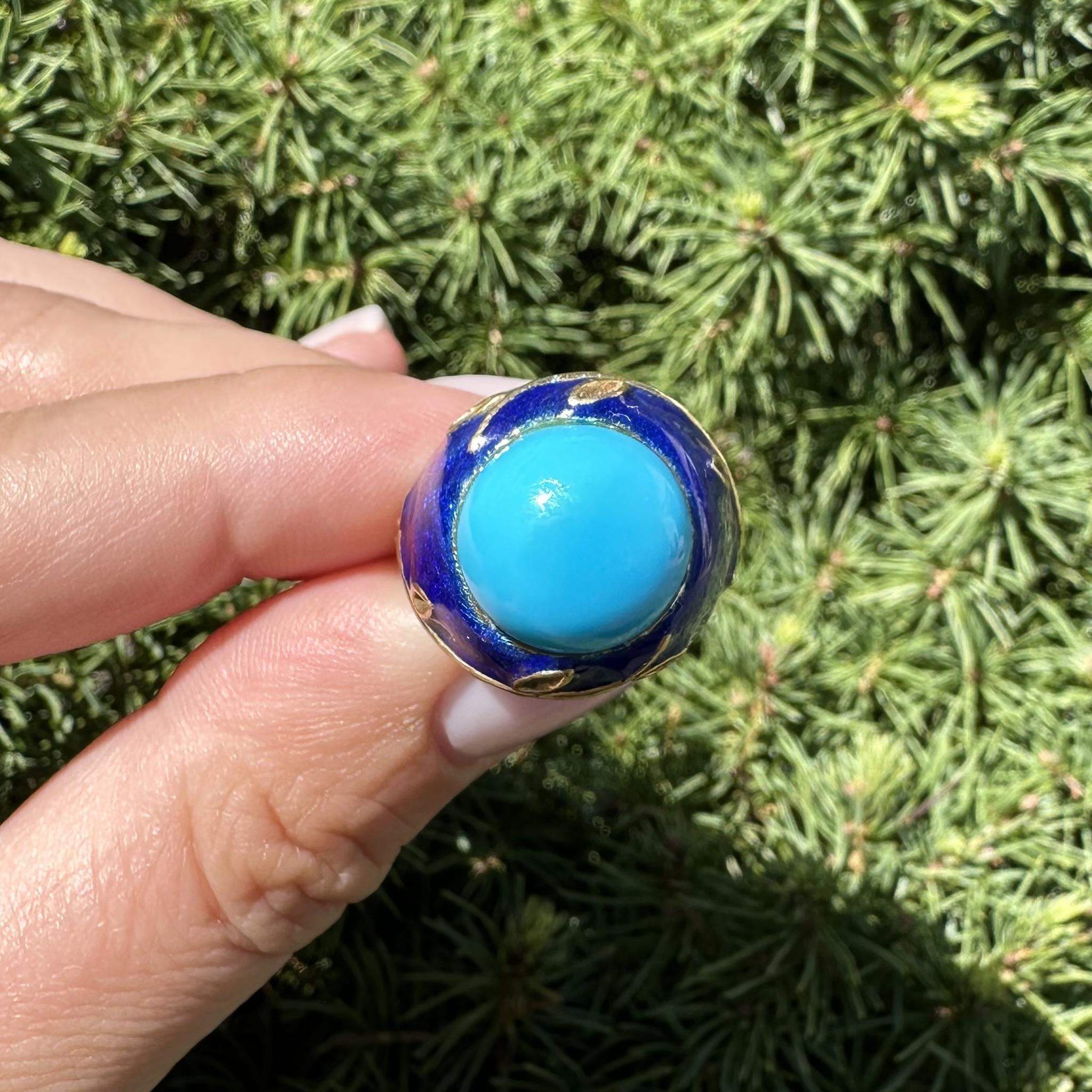 Gorgeous Vintage Gelbgold Türkis & Blau Emaille Arbeit Vine Design Ring im Zustand „Gut“ im Angebot in Montclair, NJ