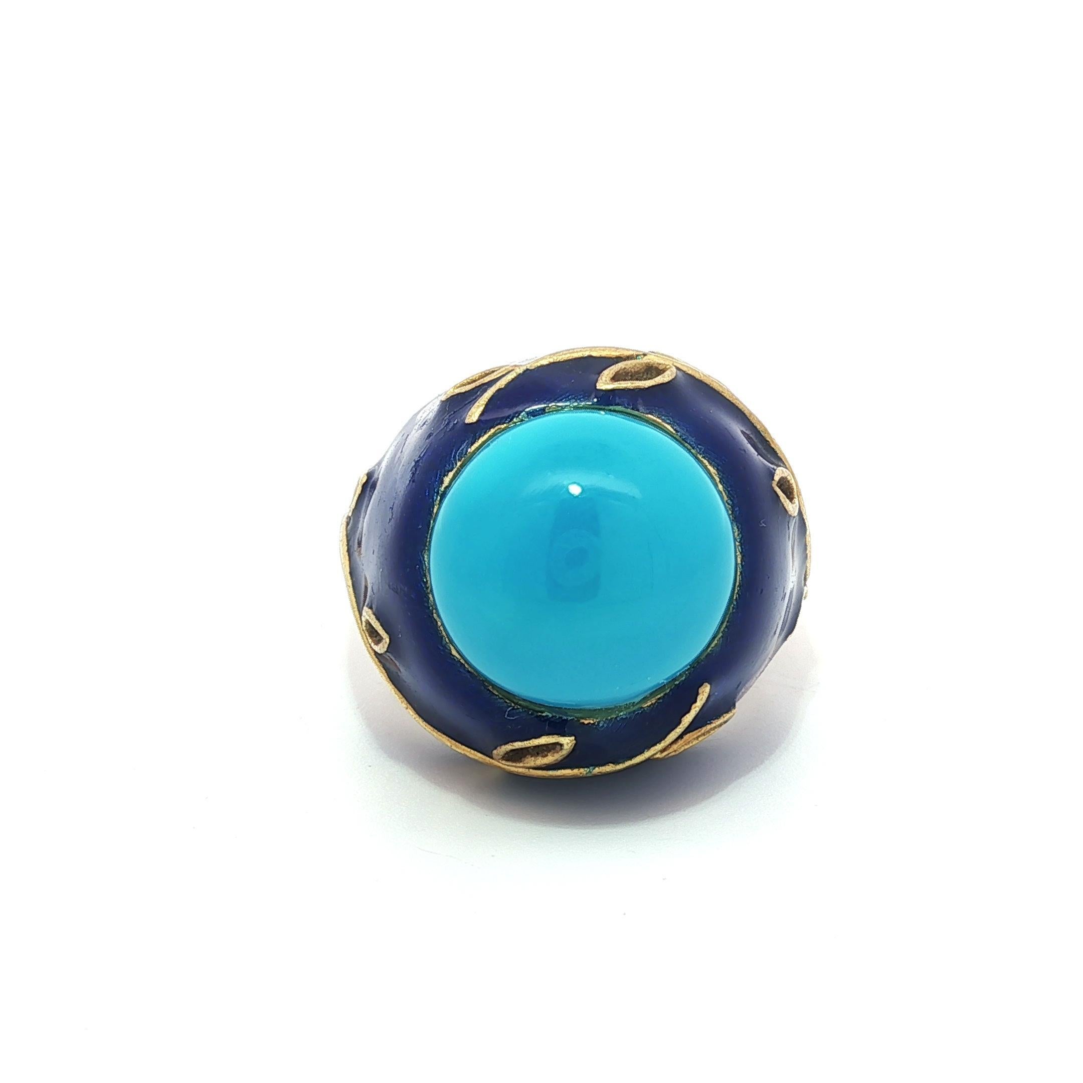 Gorgeous Vintage Gelbgold Türkis & Blau Emaille Arbeit Vine Design Ring Damen im Angebot