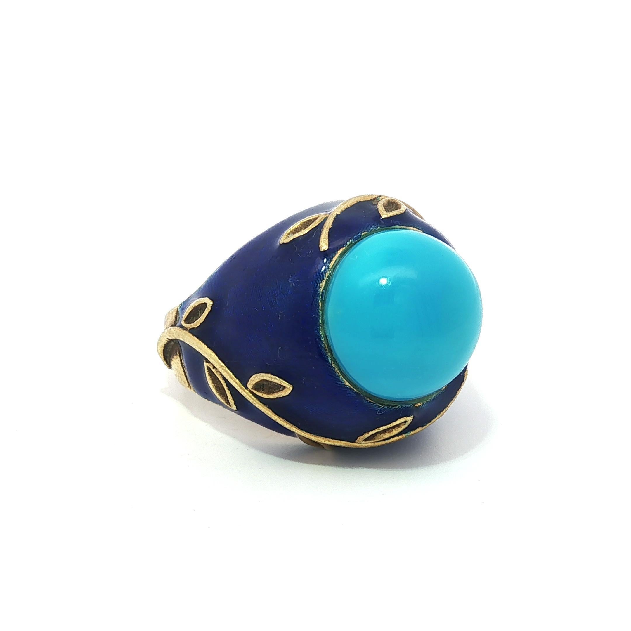 Gorgeous Vintage Gelbgold Türkis & Blau Emaille Arbeit Vine Design Ring im Angebot 1