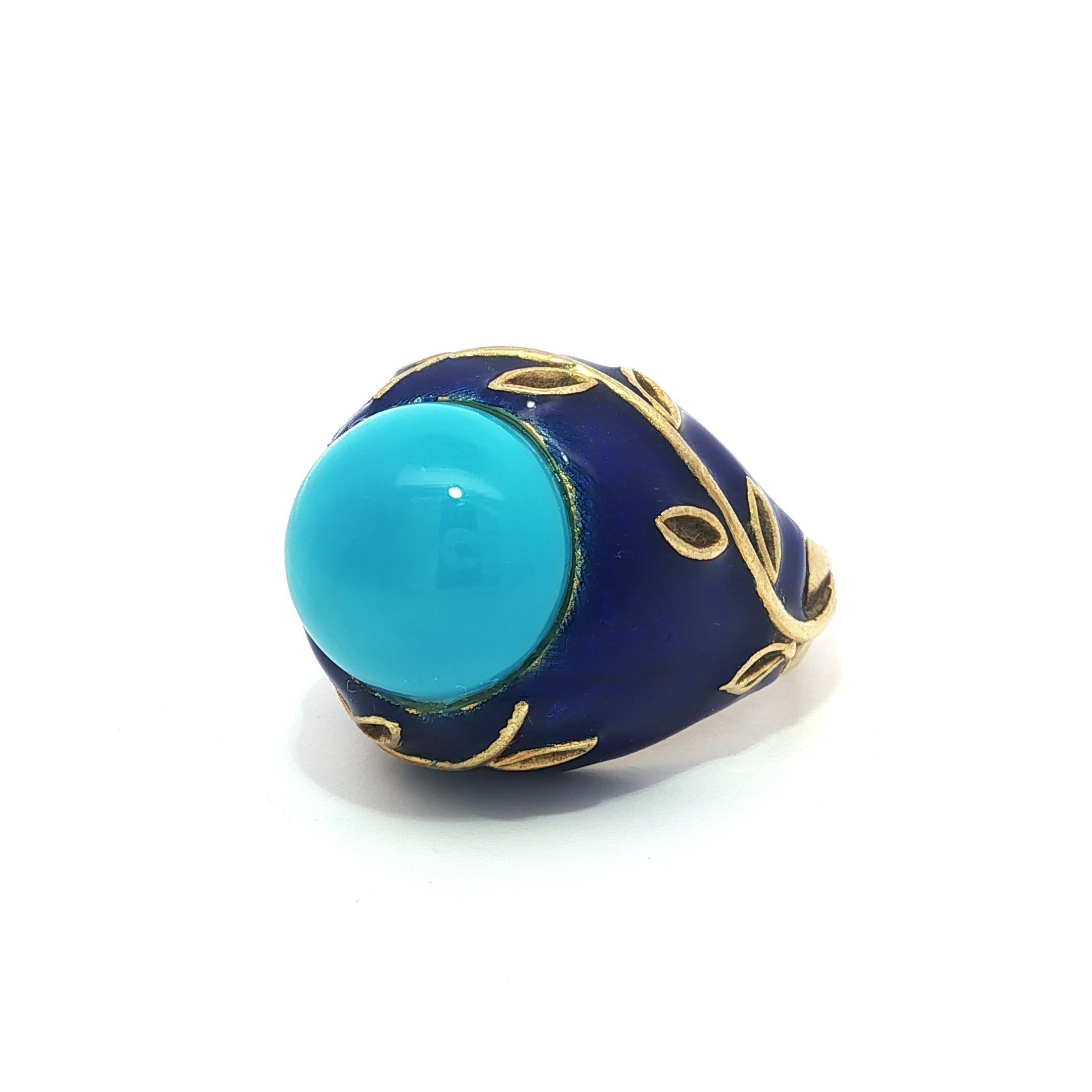 Gorgeous Vintage Gelbgold Türkis & Blau Emaille Arbeit Vine Design Ring im Angebot 2