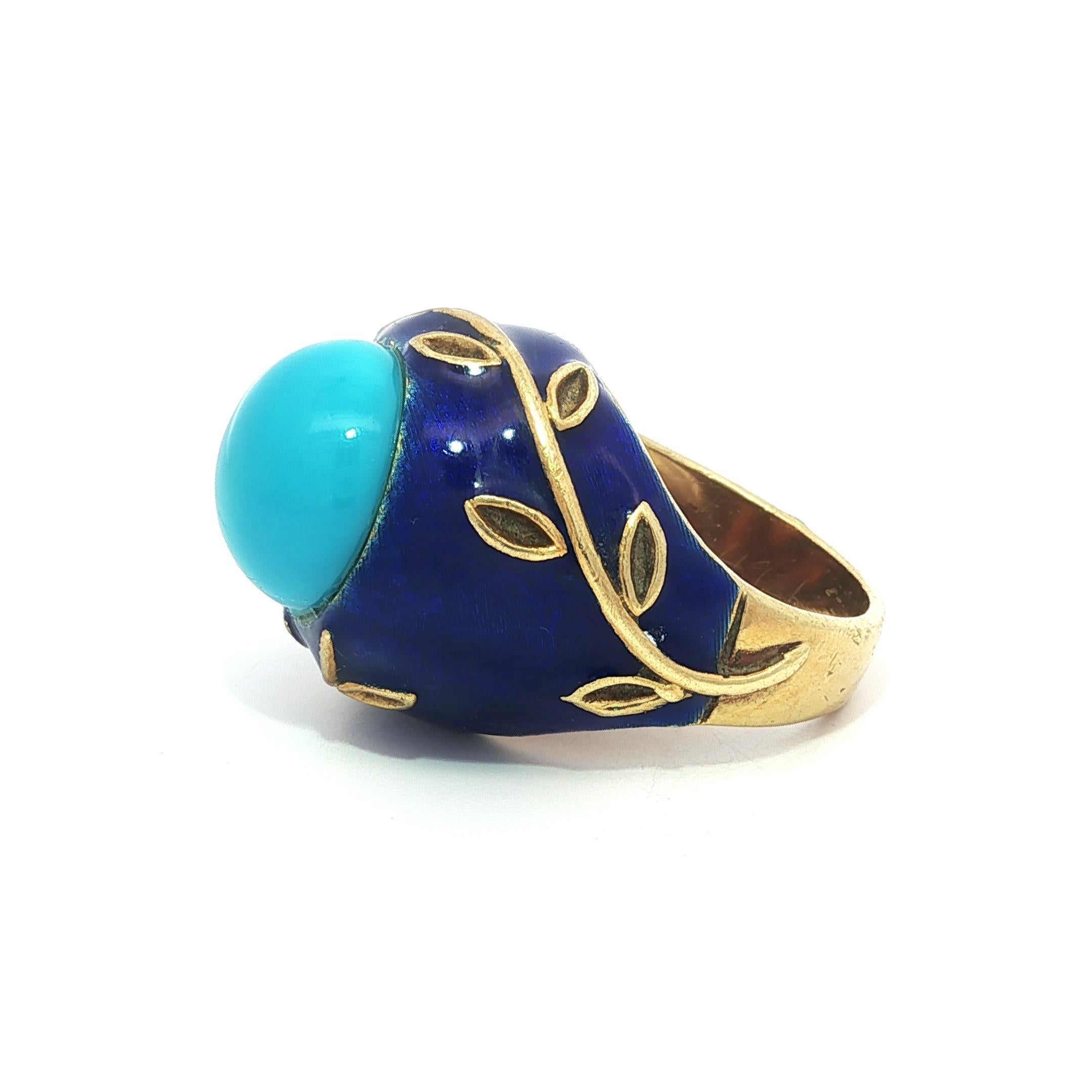 Gorgeous Vintage Gelbgold Türkis & Blau Emaille Arbeit Vine Design Ring im Angebot 3