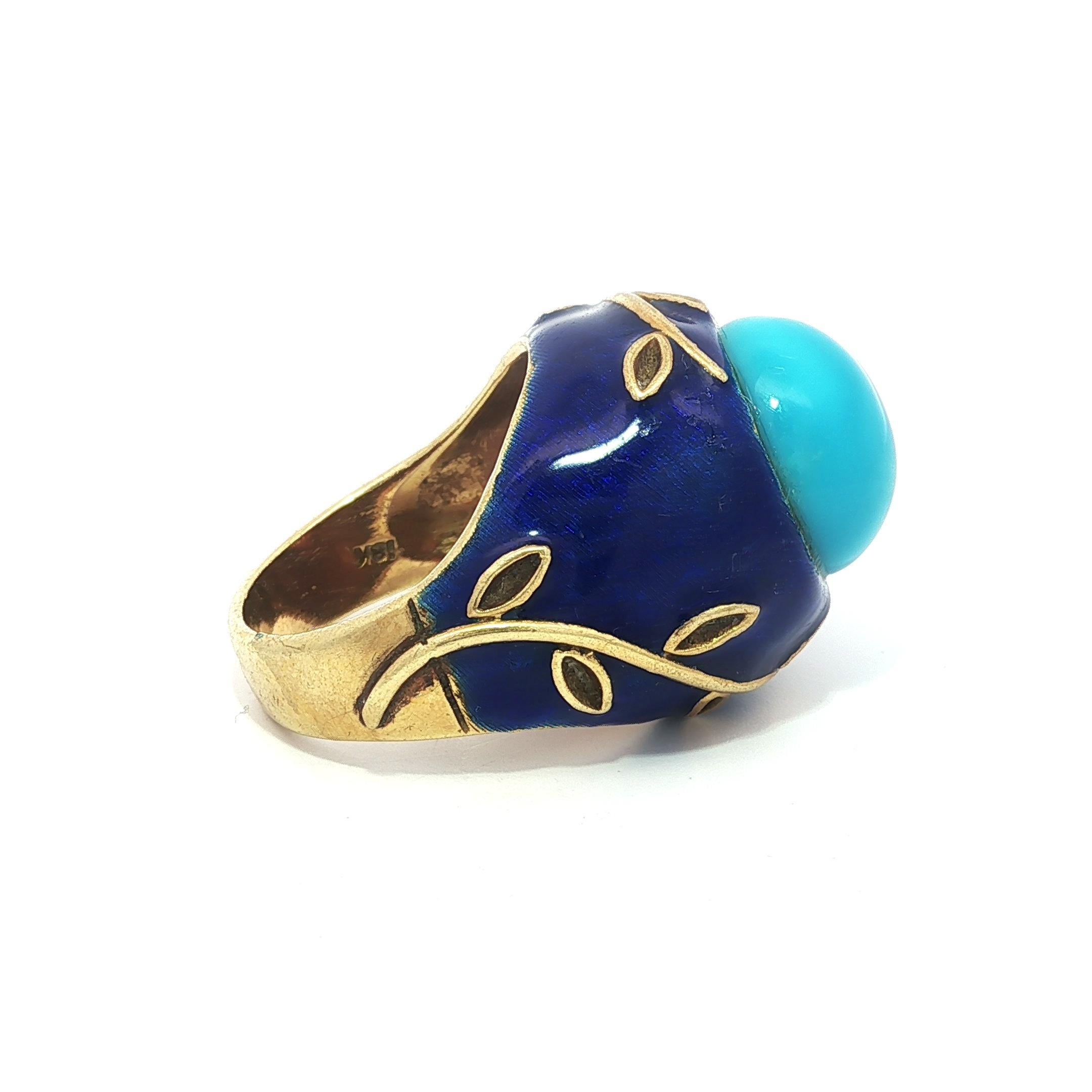 Gorgeous Vintage Gelbgold Türkis & Blau Emaille Arbeit Vine Design Ring im Angebot 4