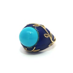 Gorgeous Vintage Yellow Gold Turquoise & Blue Enamel Work Vine Design Ring