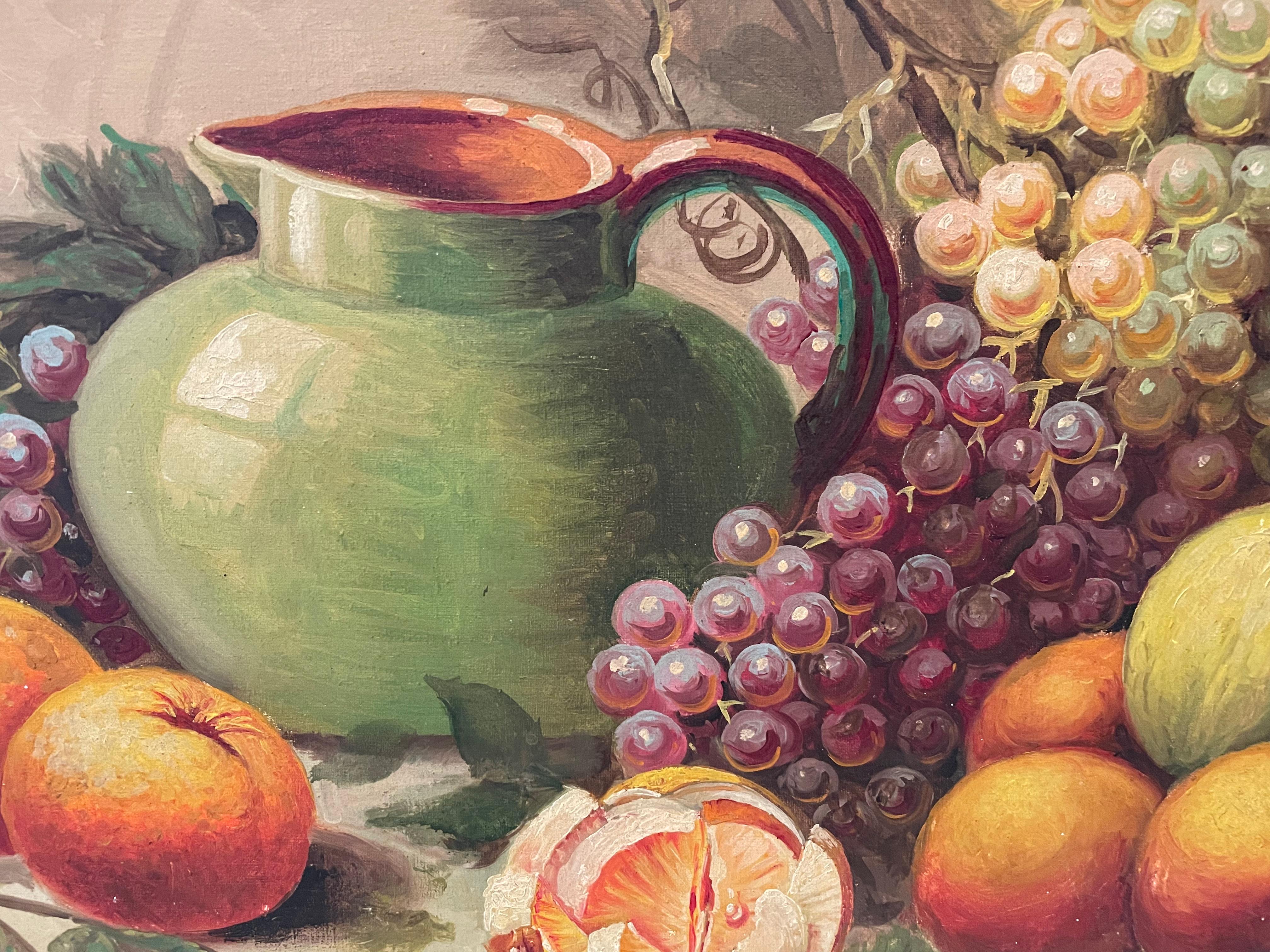 Lusciously rendered antique oil still life on canvas of fruit and pitcher in the original giltwood frame. Signed lower left.