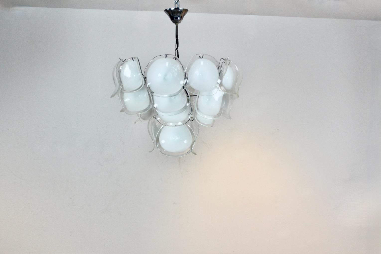 Stainless Steel Gorgeous Chandelier in White Handblown Murano Glass, Italy 1970s For Sale