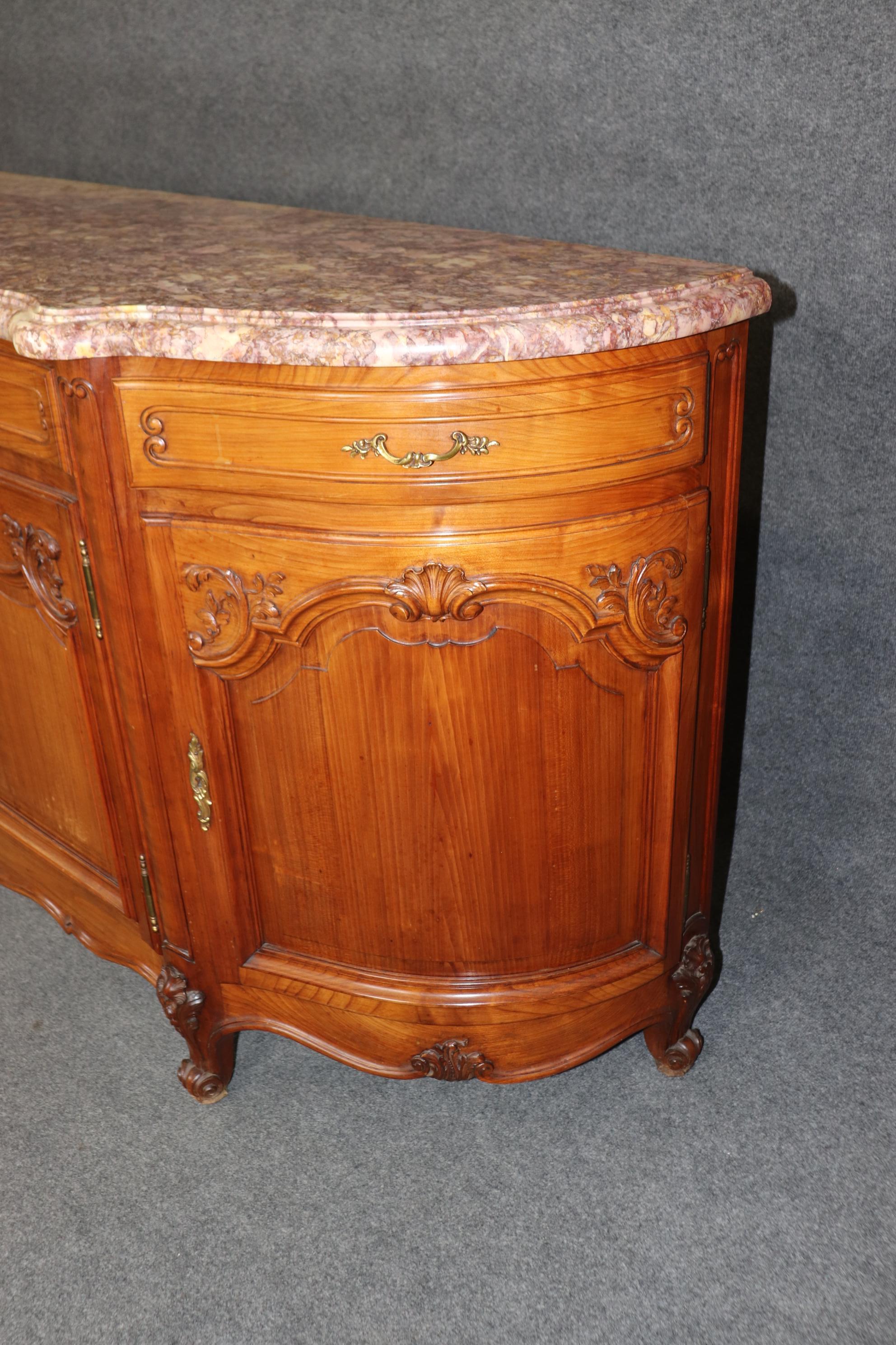Gorgeous Walnut and Breccia Marble French Louis XV Style Grand Sideboard Buffet In Good Condition For Sale In Swedesboro, NJ