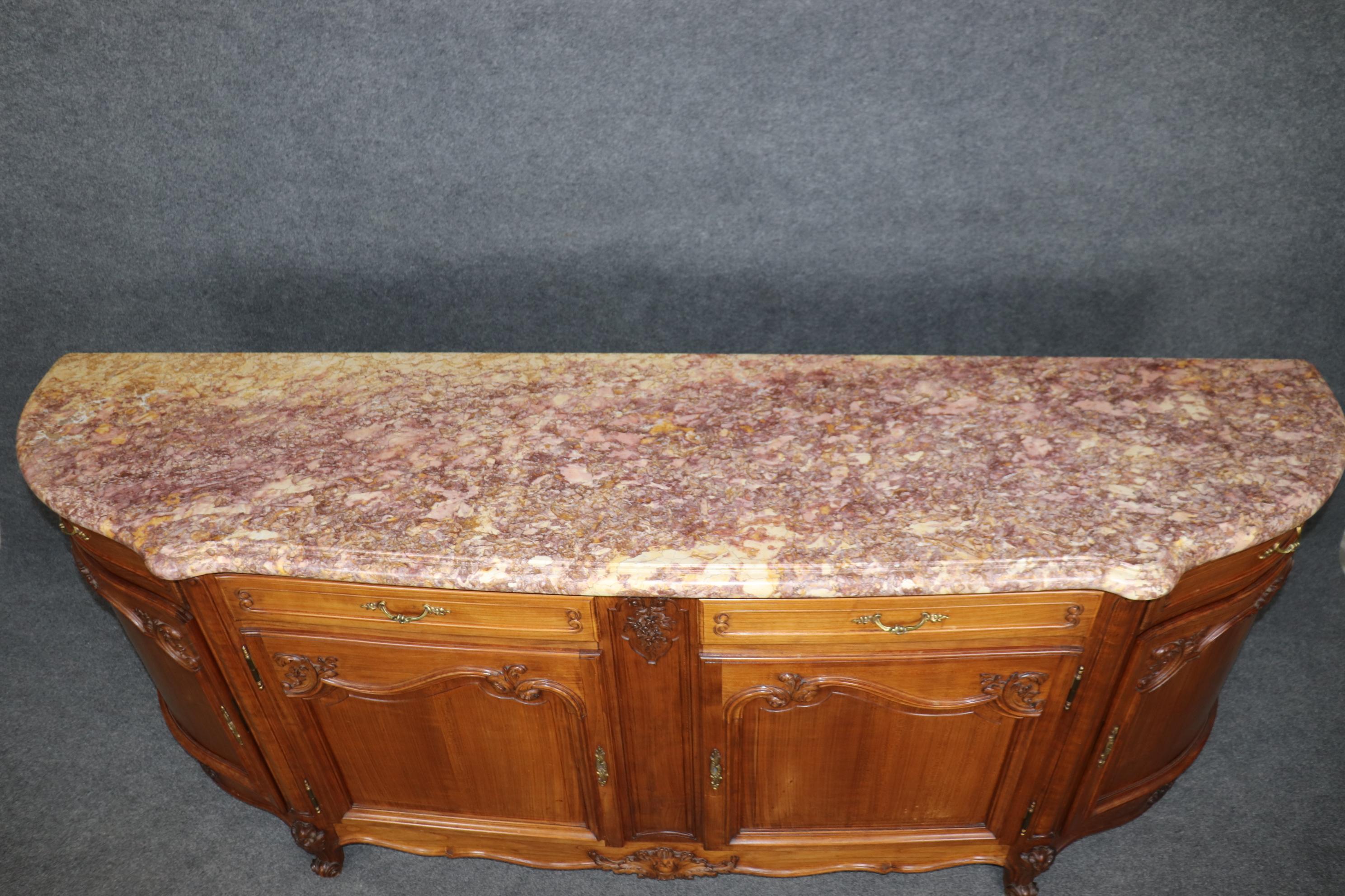 Gorgeous Walnut and Breccia Marble French Louis XV Style Grand Sideboard Buffet For Sale 1
