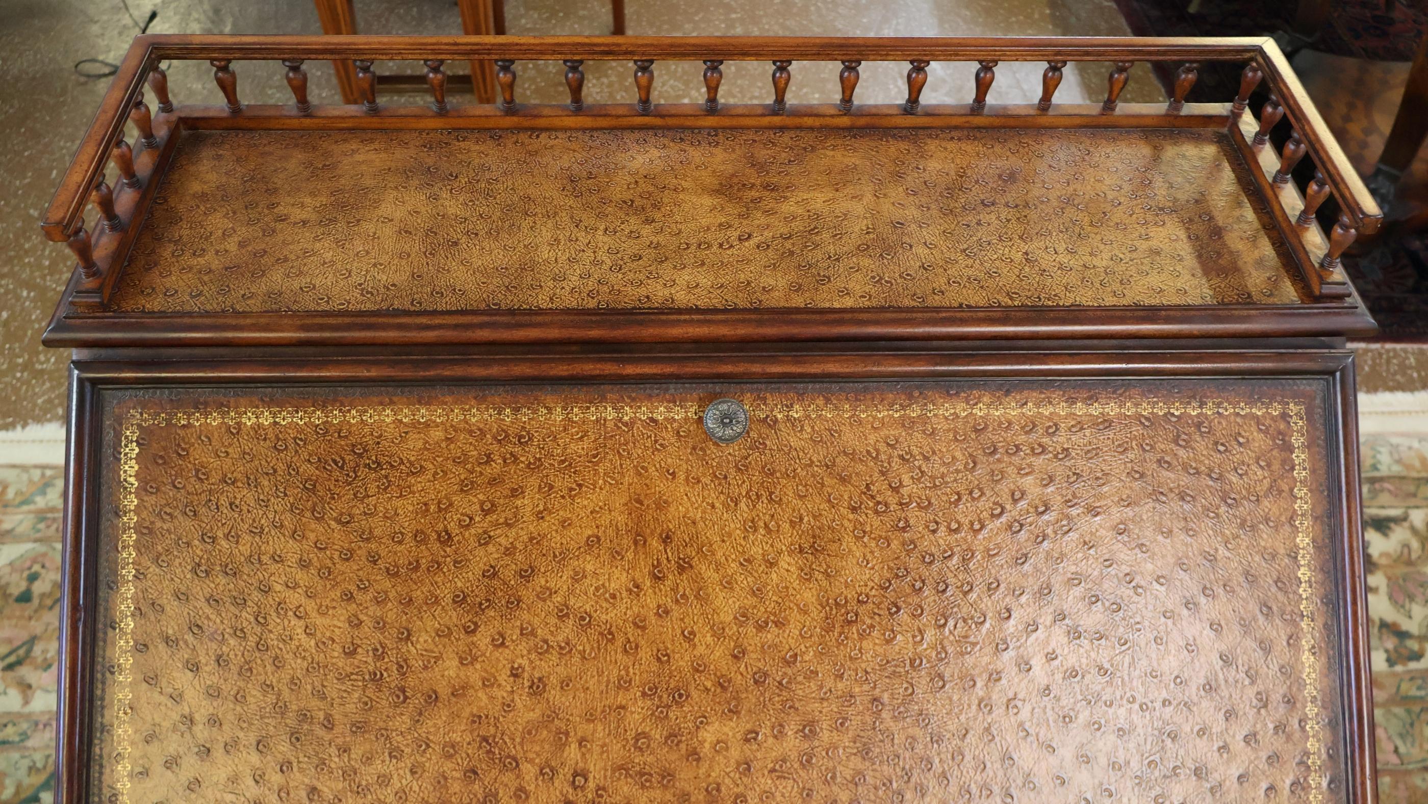Gorgeous Walnut And Ostrich Leather Slant Front Secretary Desk For Sale 4