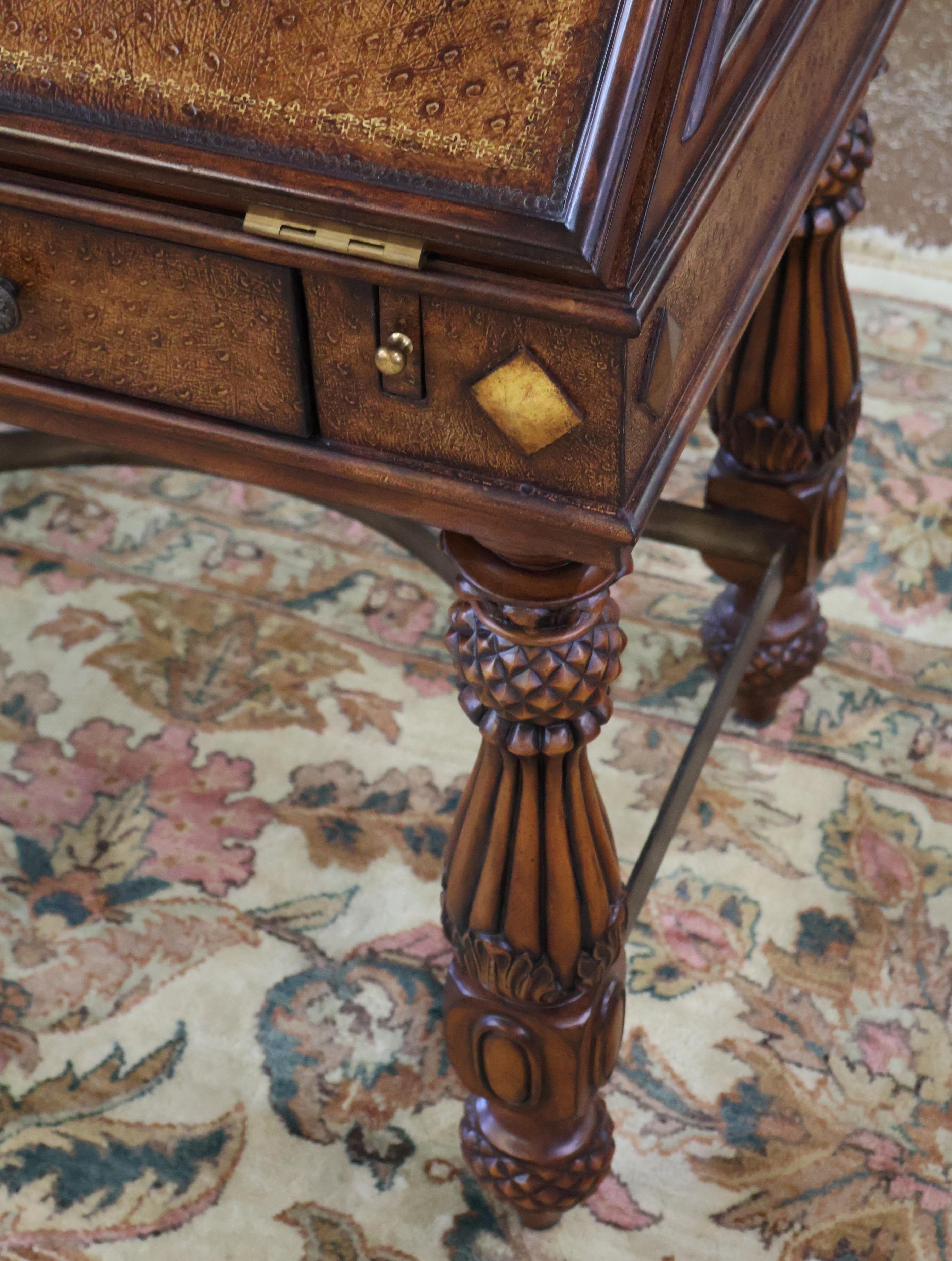 Gorgeous Walnut And Ostrich Leather Slant Front Secretary Desk For Sale 6