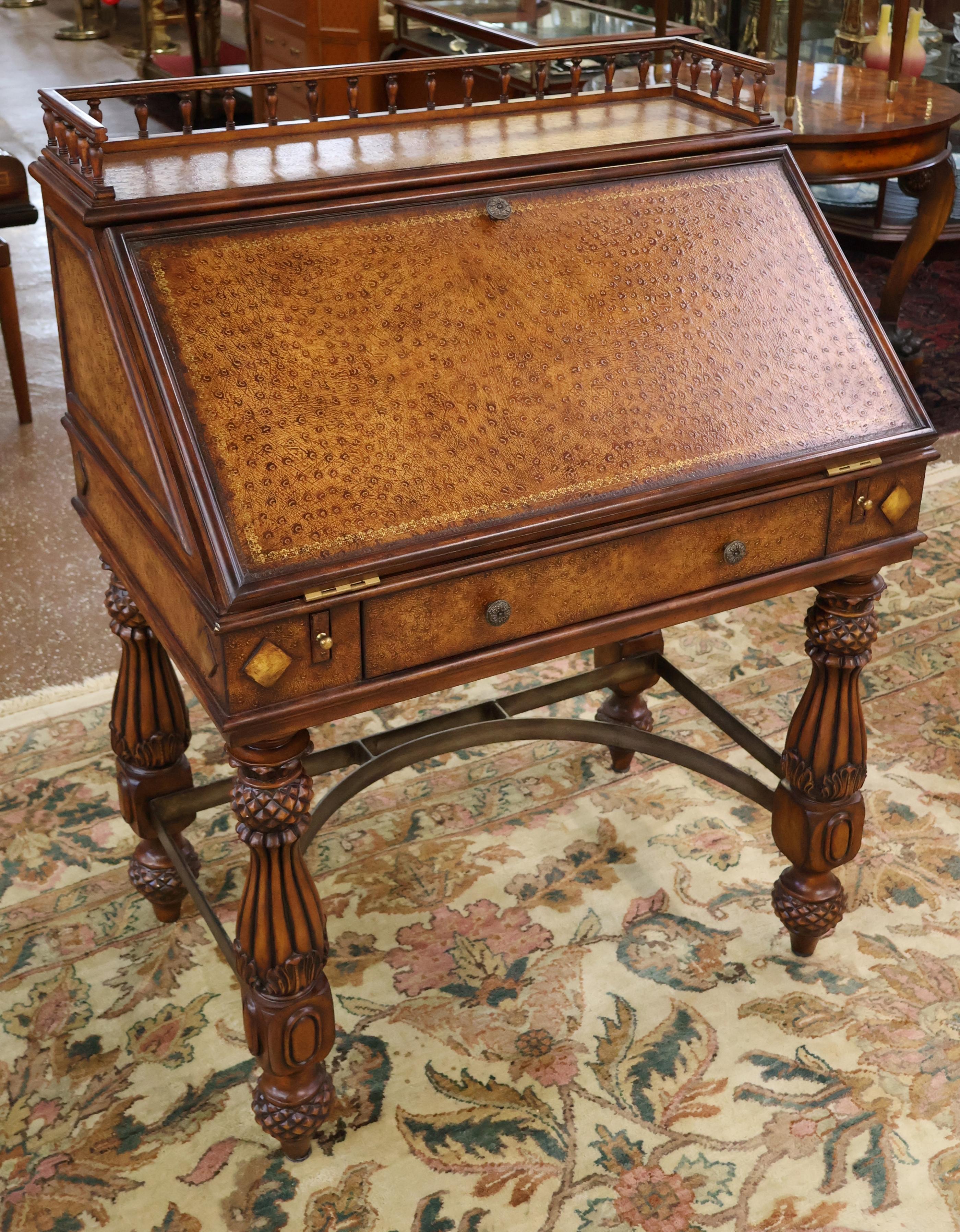 Victorian Gorgeous Walnut And Ostrich Leather Slant Front Secretary Desk For Sale