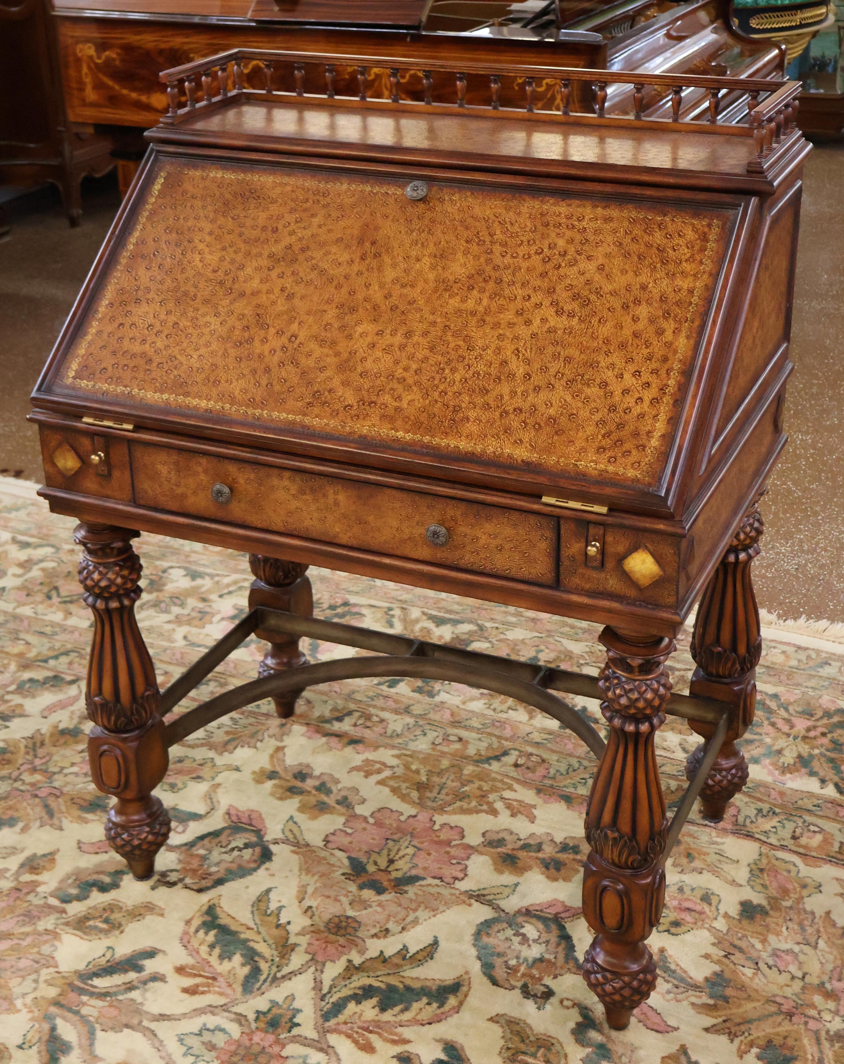 Unknown Gorgeous Walnut And Ostrich Leather Slant Front Secretary Desk For Sale