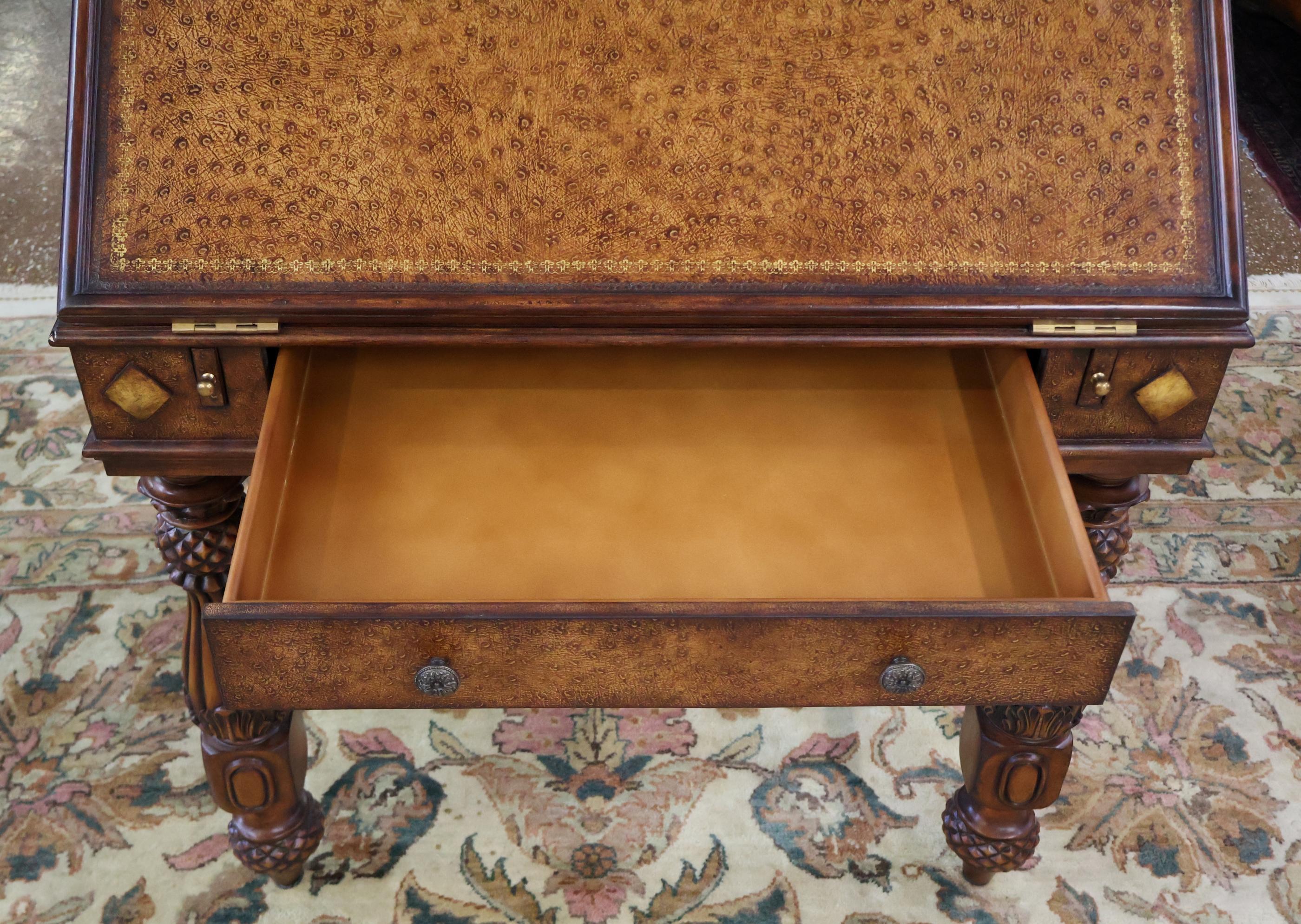 Gorgeous Walnut And Ostrich Leather Slant Front Secretary Desk In Good Condition For Sale In Long Branch, NJ