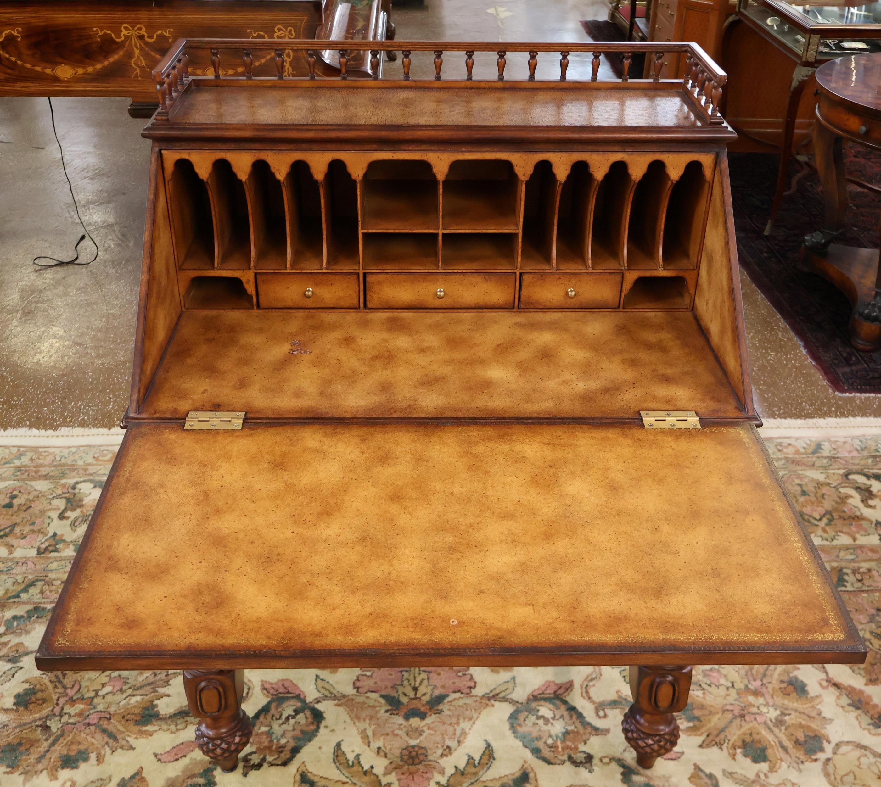 Contemporary Gorgeous Walnut And Ostrich Leather Slant Front Secretary Desk For Sale