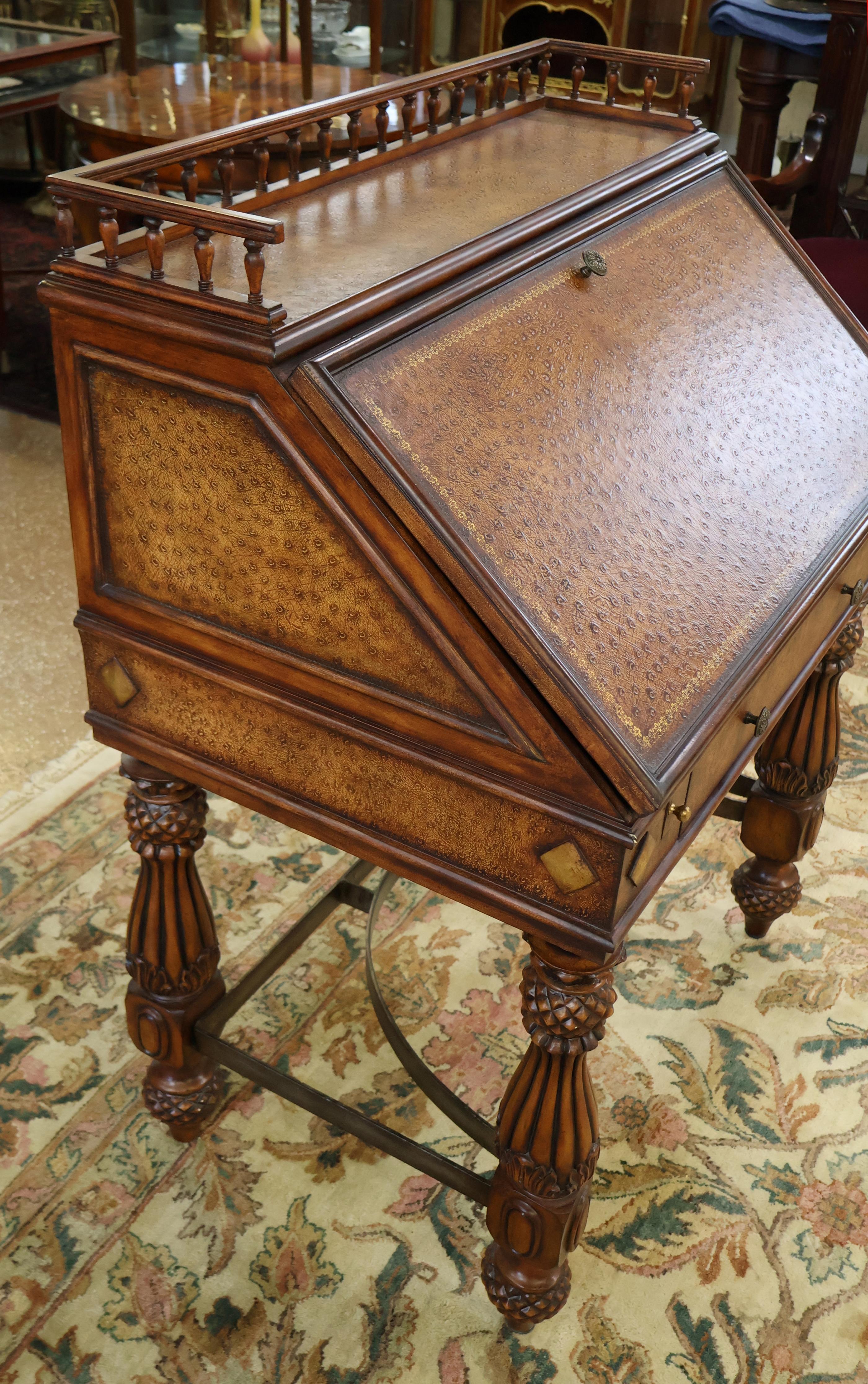 Gorgeous Walnut And Ostrich Leather Slant Front Secretary Desk For Sale 2