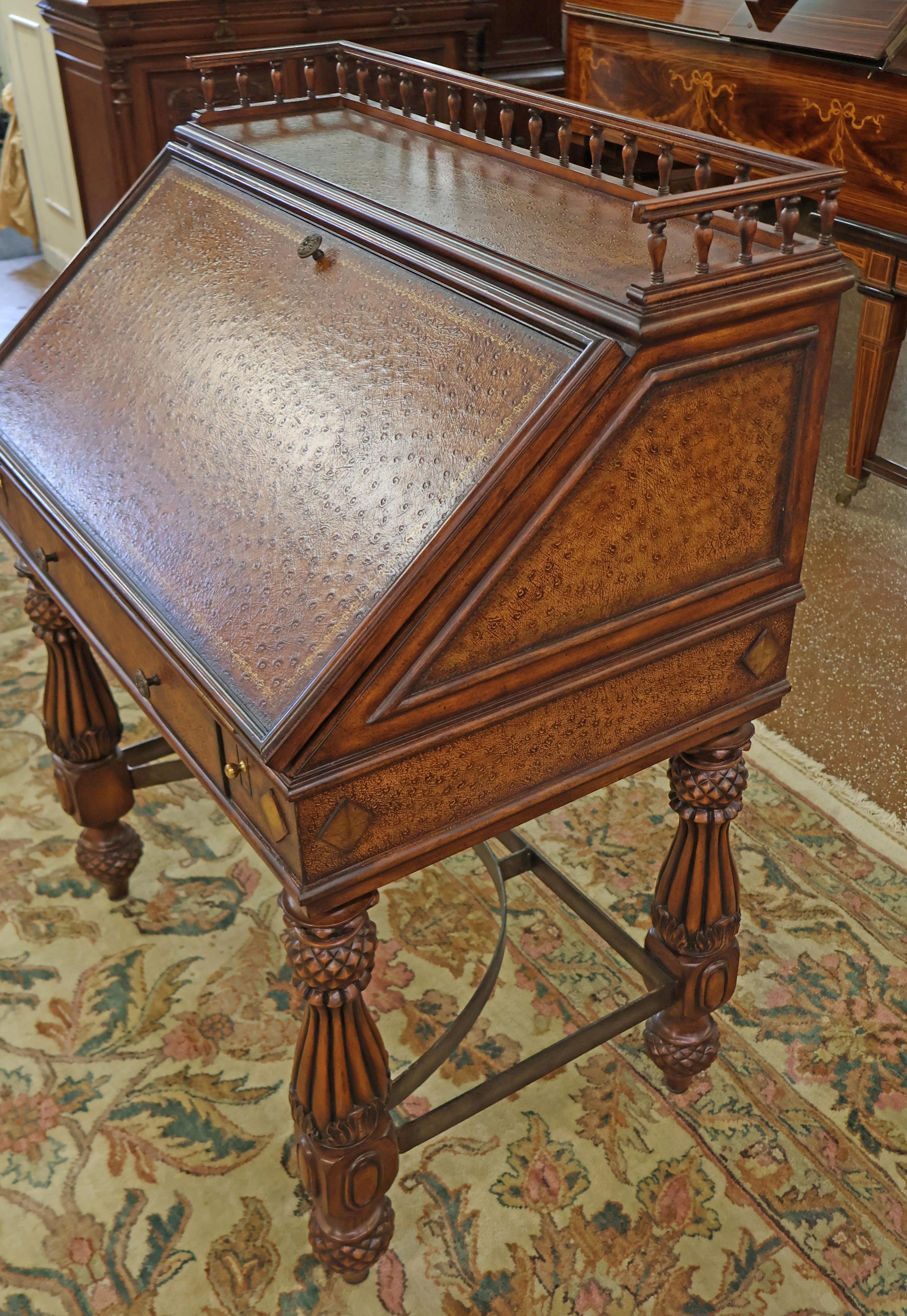 Gorgeous Walnut And Ostrich Leather Slant Front Secretary Desk For Sale 3