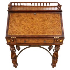 Gorgeous Walnut And Ostrich Leather Slant Front Secretary Desk
