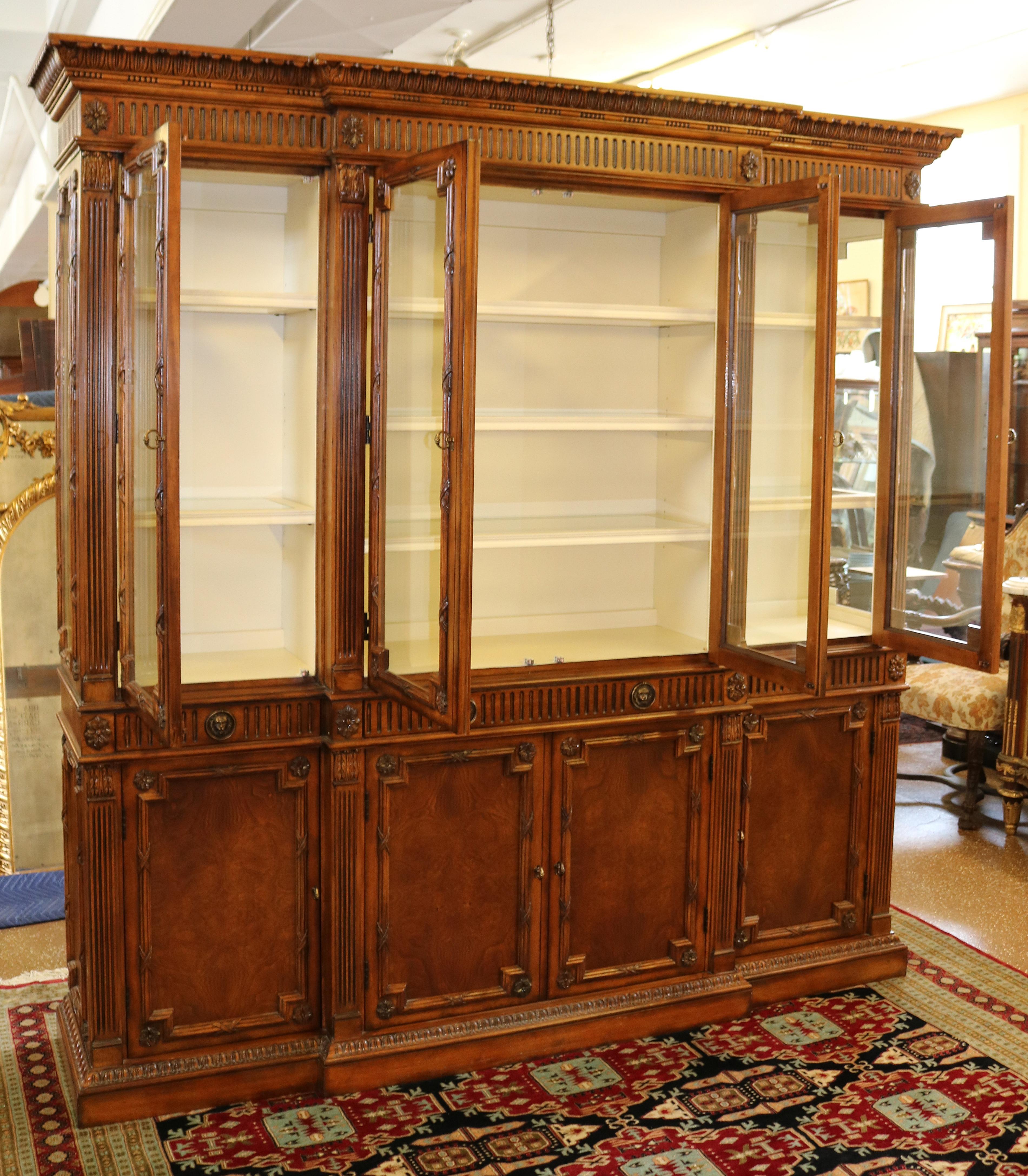 Gorgeous Walnut Georgian Style Hickory White China Cabinet Bookcase Breakfront 5