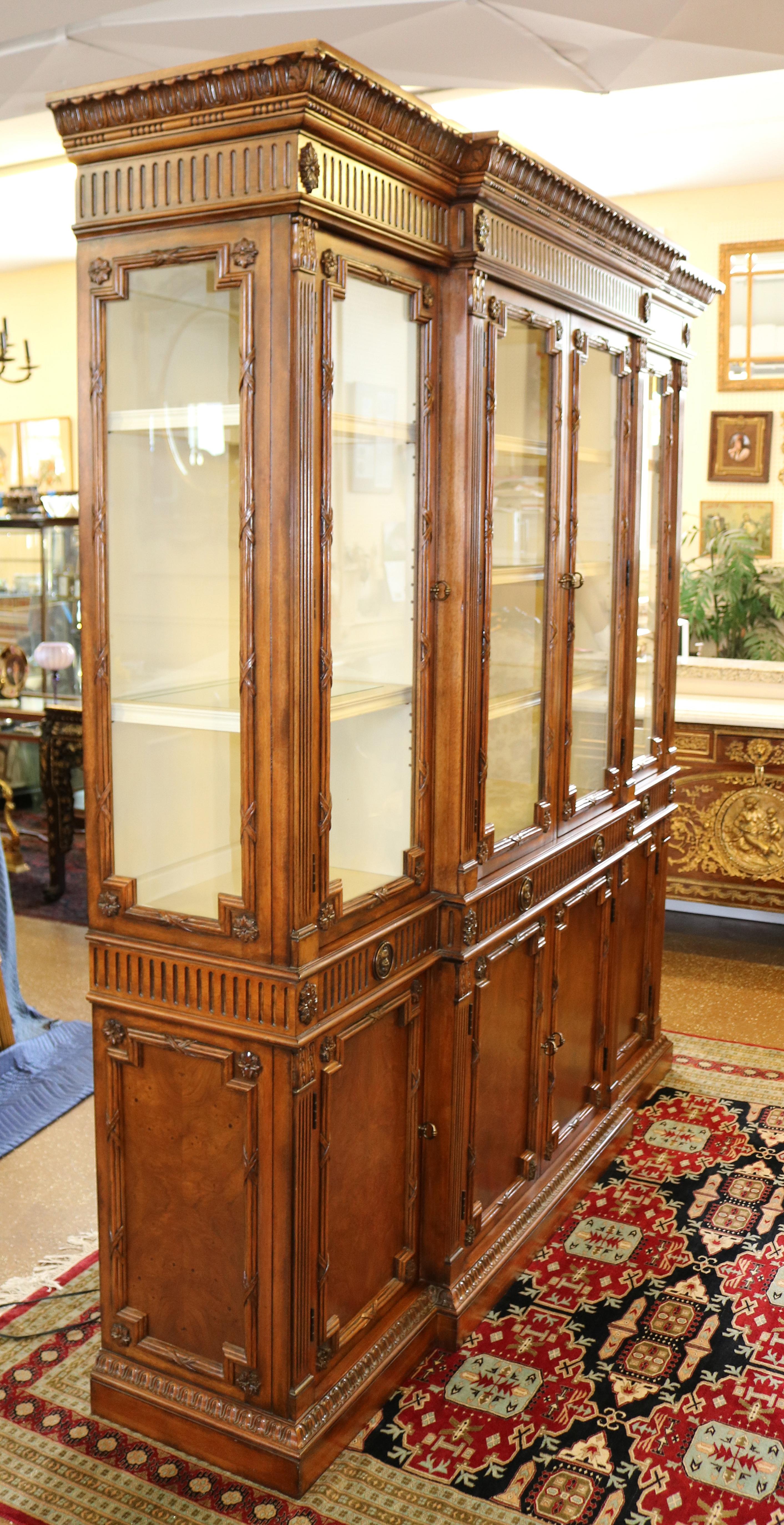 Glass Gorgeous Walnut Georgian Style Hickory White China Cabinet Bookcase Breakfront