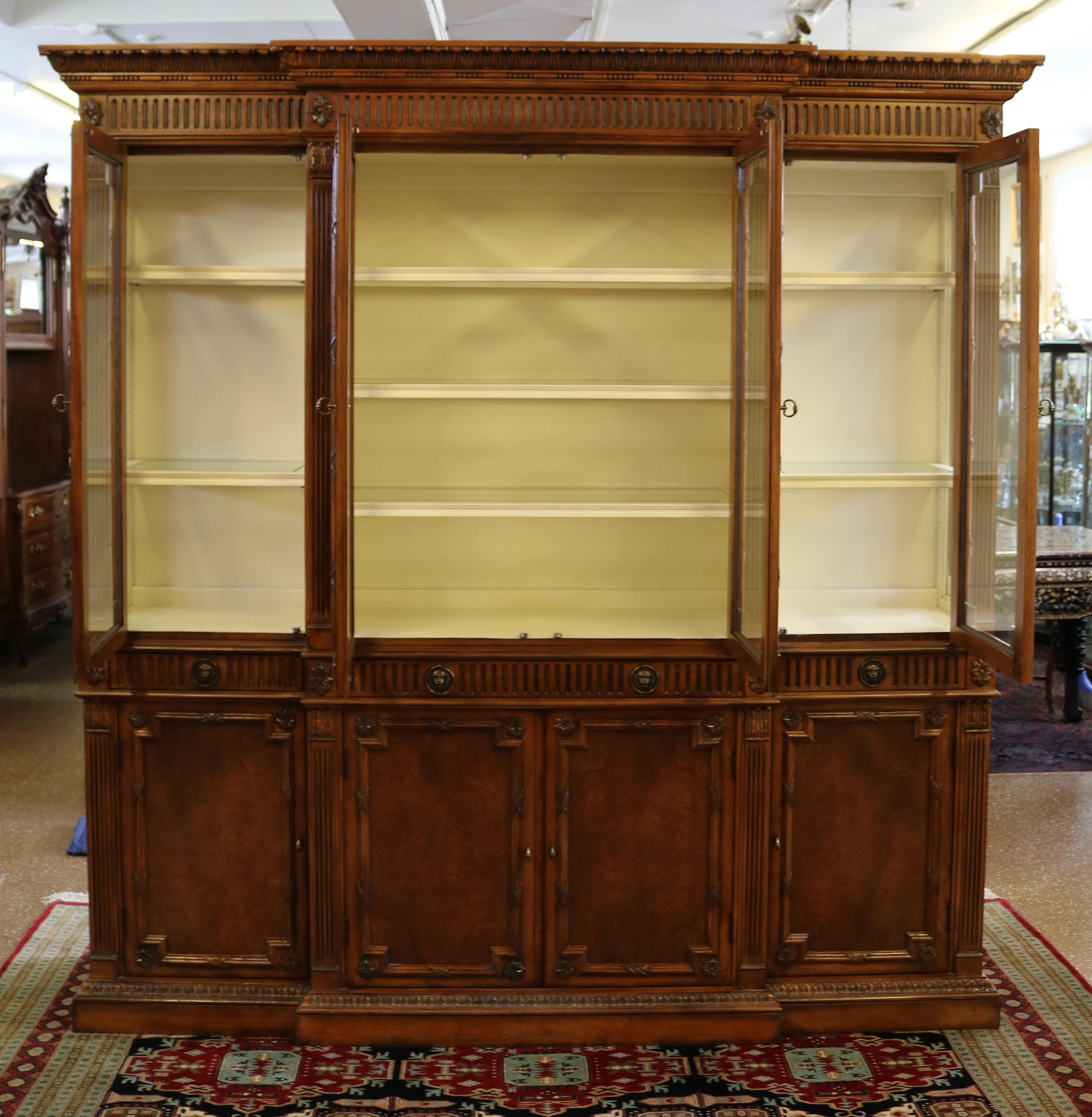Gorgeous Walnut Georgian Style Hickory White China Cabinet Bookcase Breakfront 2