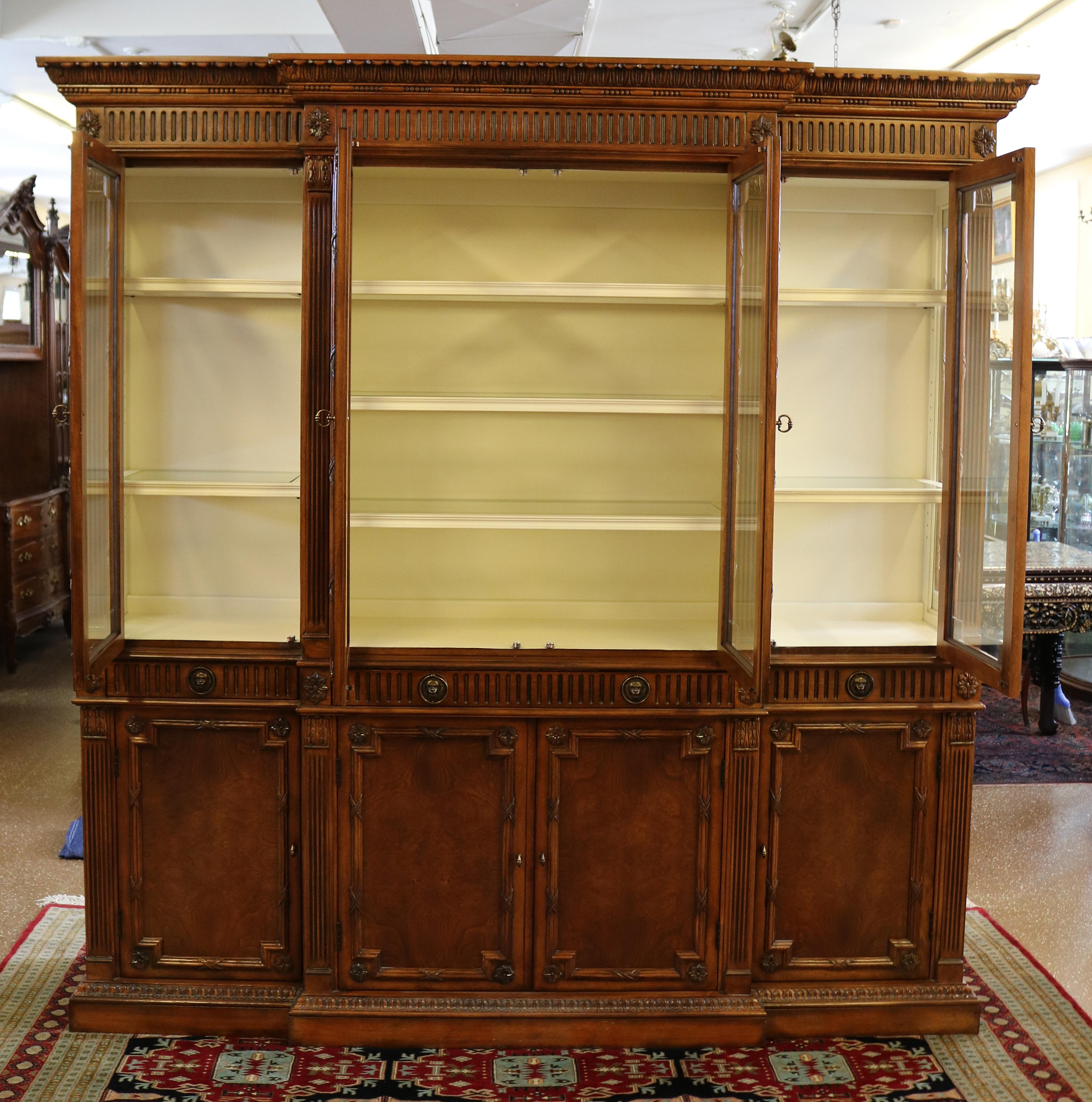 Gorgeous Walnut Georgian Style Hickory White China Cabinet Bookcase Breakfront 3