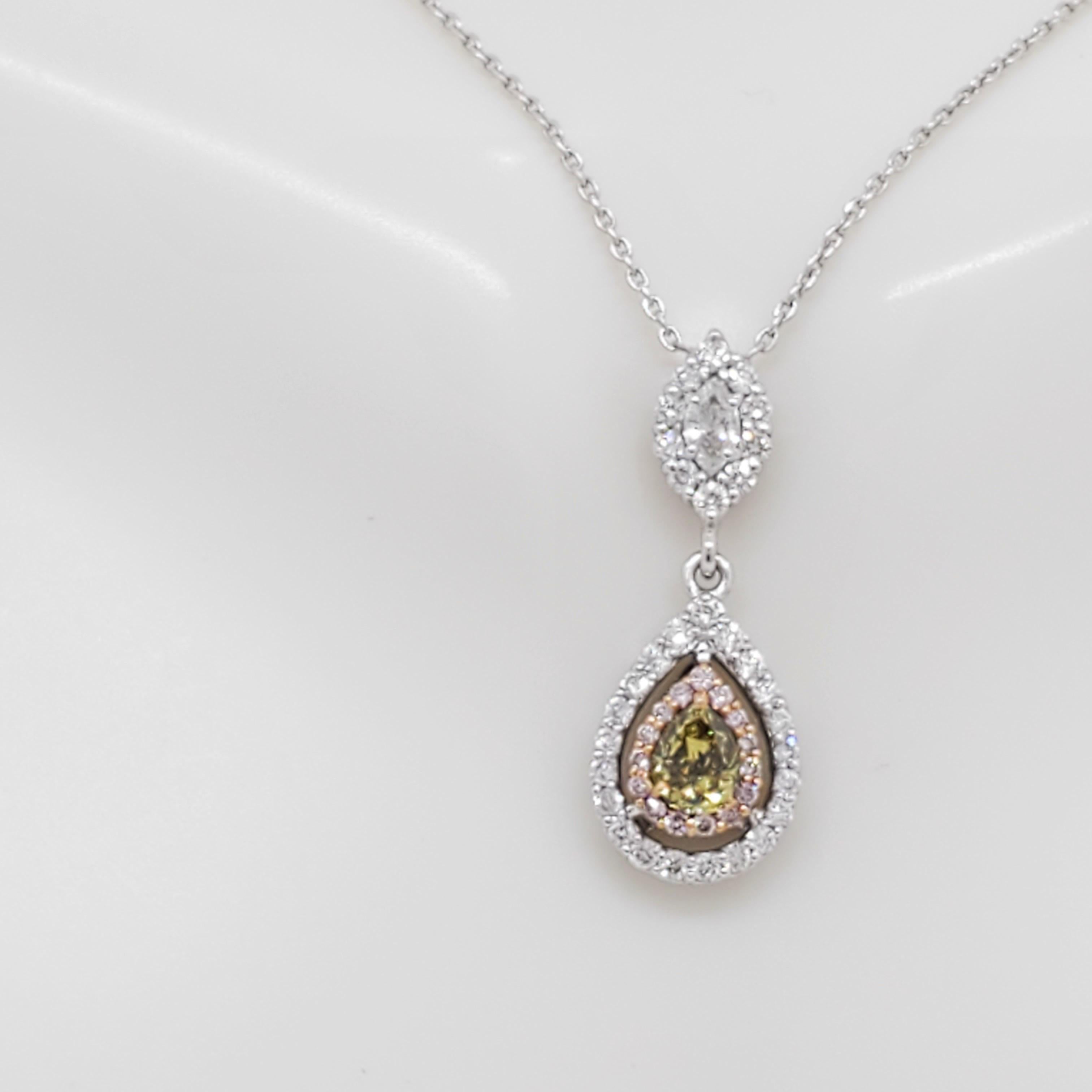 Pear Cut White and Natural Fancy Color Diamond Pendant Necklace in 18k For Sale