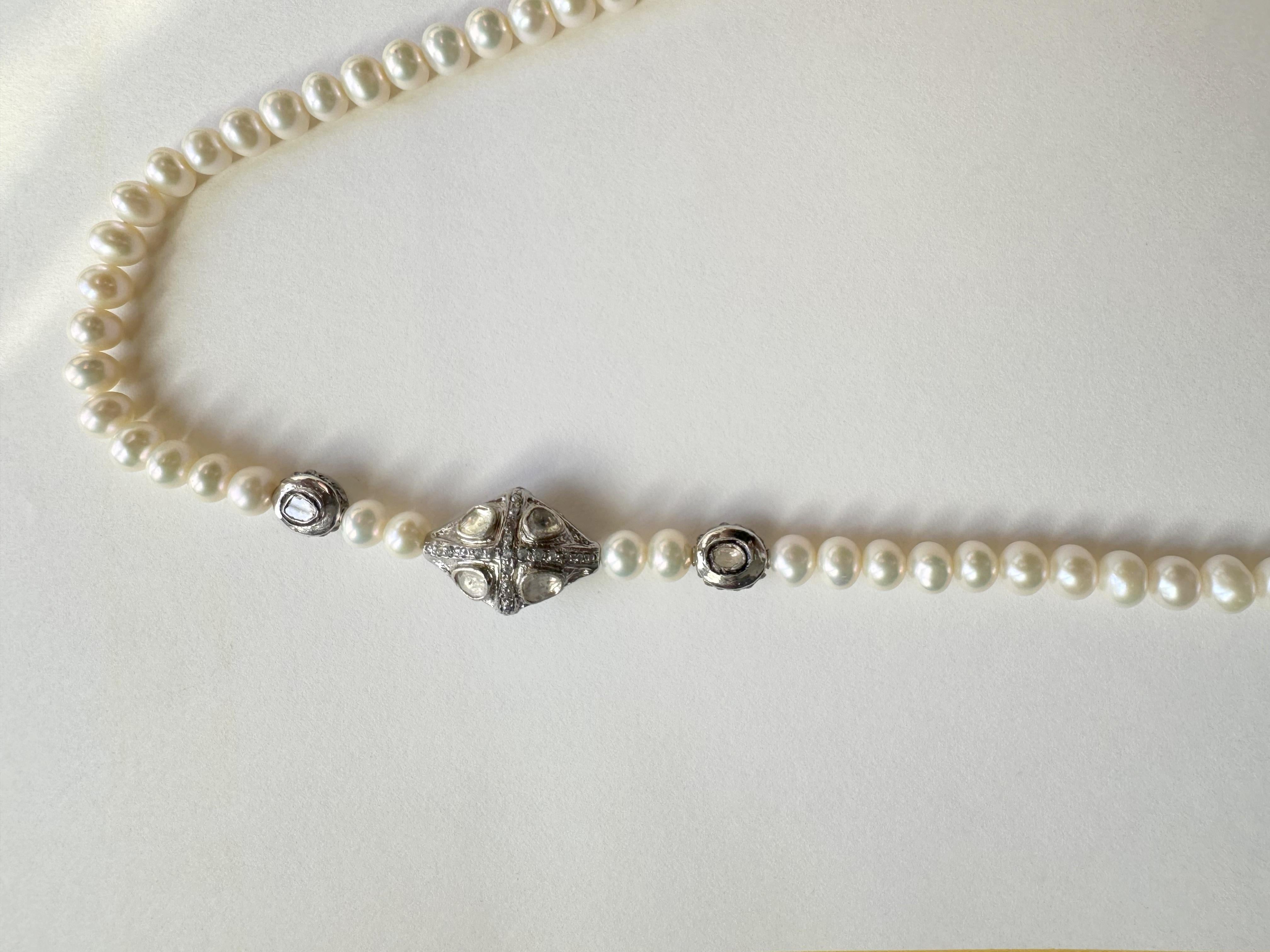 Women's or Men's Certified natural diamonds bead Natural White Pearls sterling silver necklace For Sale