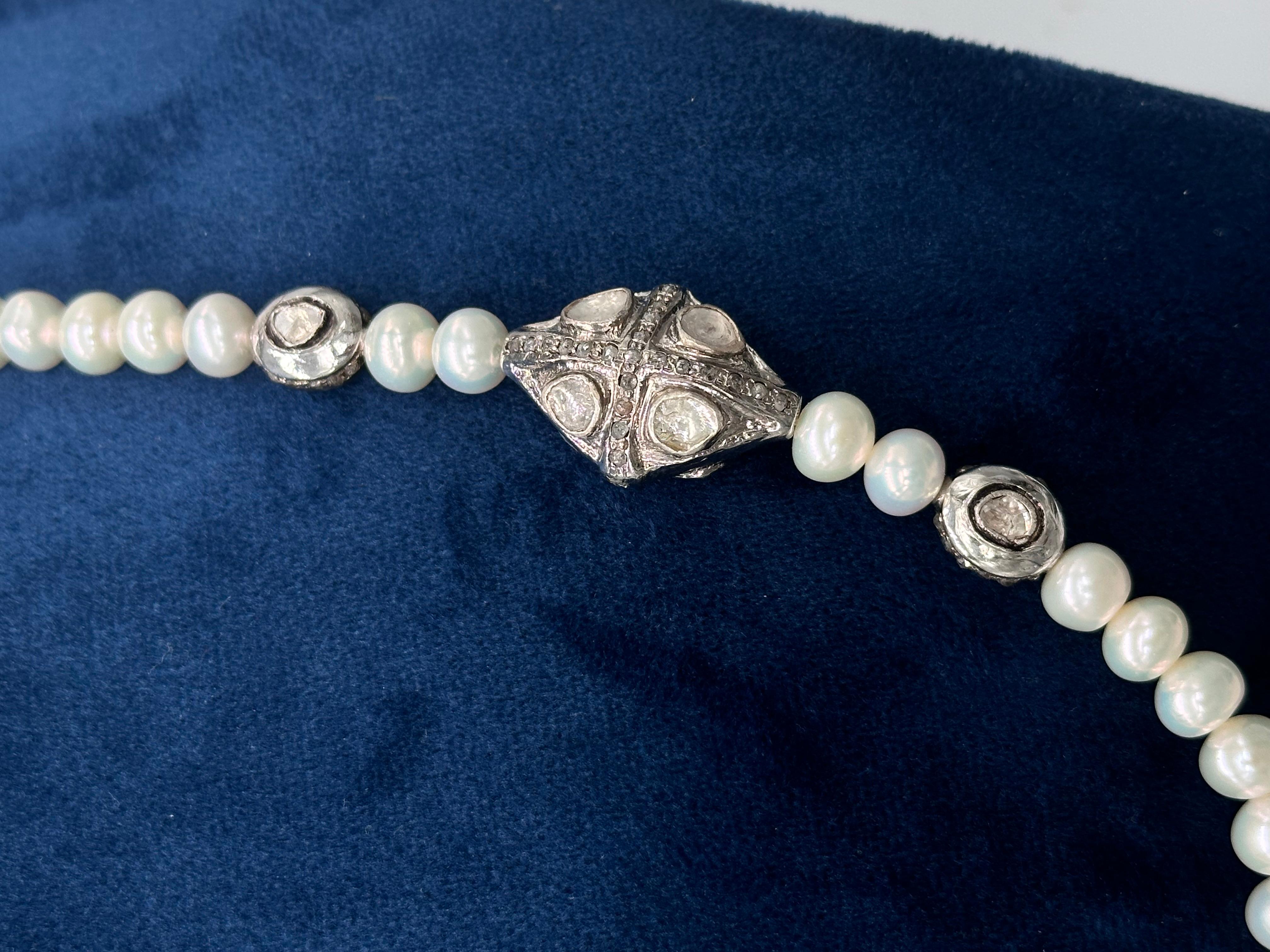 Certified natural diamonds bead Natural White Pearls sterling silver necklace For Sale 2