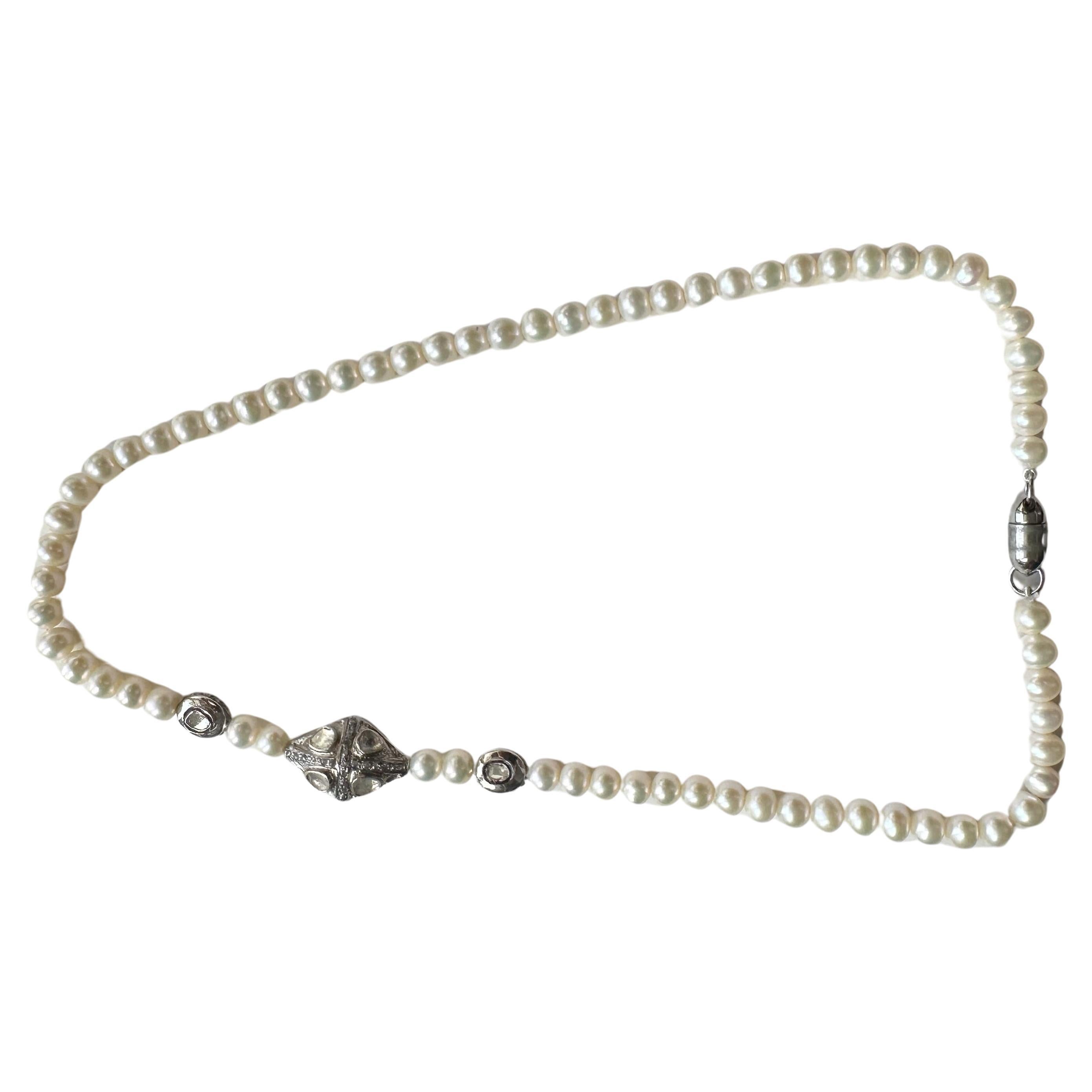 Uncut Certified natural diamonds bead Natural White Pearls sterling silver necklace For Sale