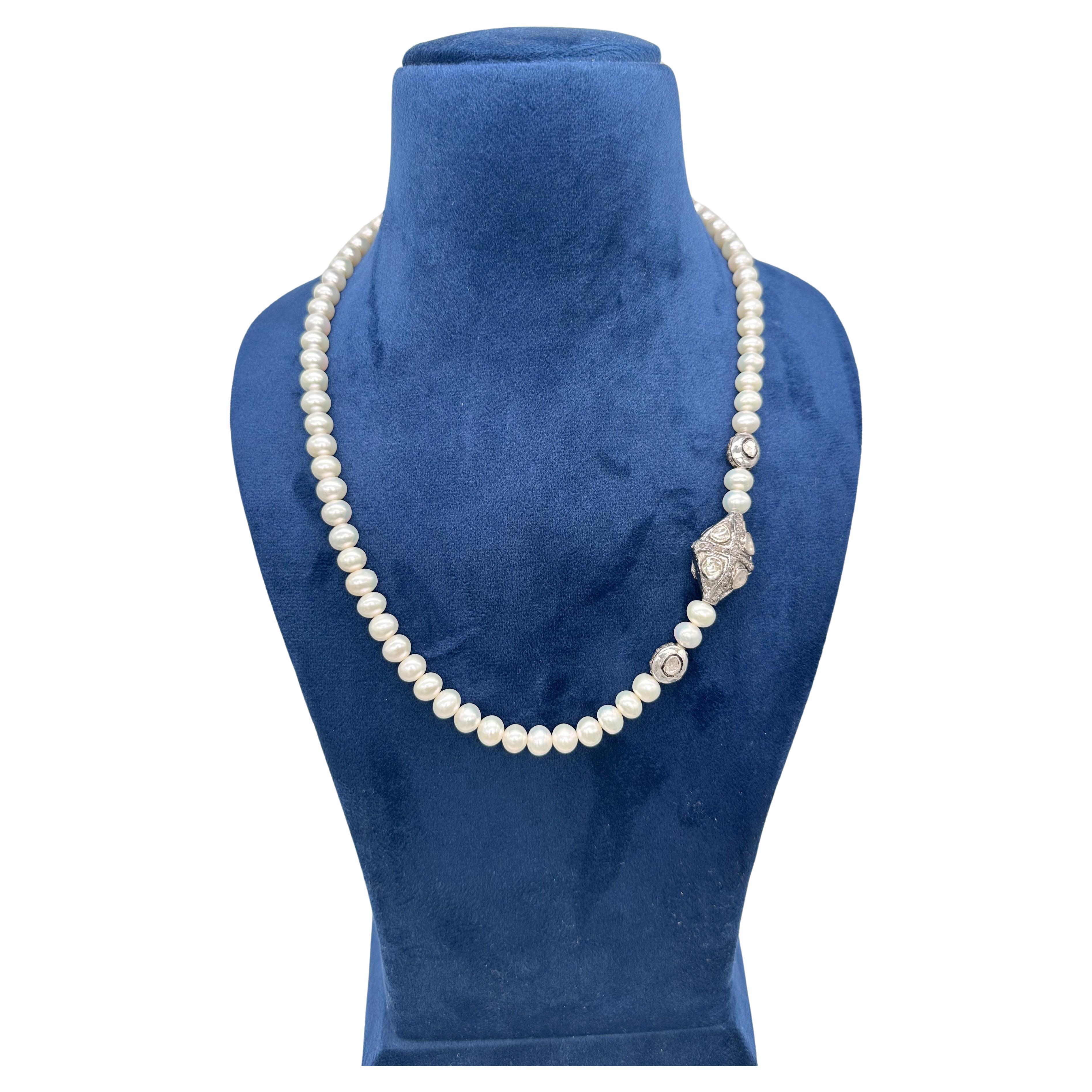 Art Deco Certified natural diamonds bead Natural White Pearls sterling silver necklace For Sale