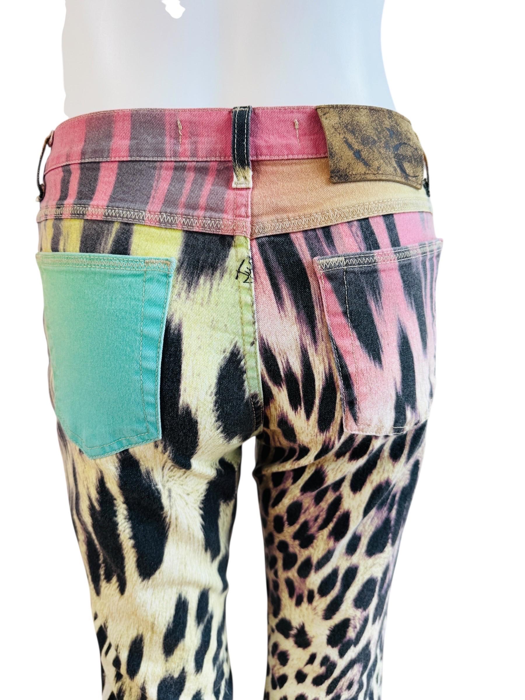 Precioso Y2K Robert Cavalli Just Cavalli Colorido Arco Iris Leopardo Pantalones Vaqueros Gris en venta