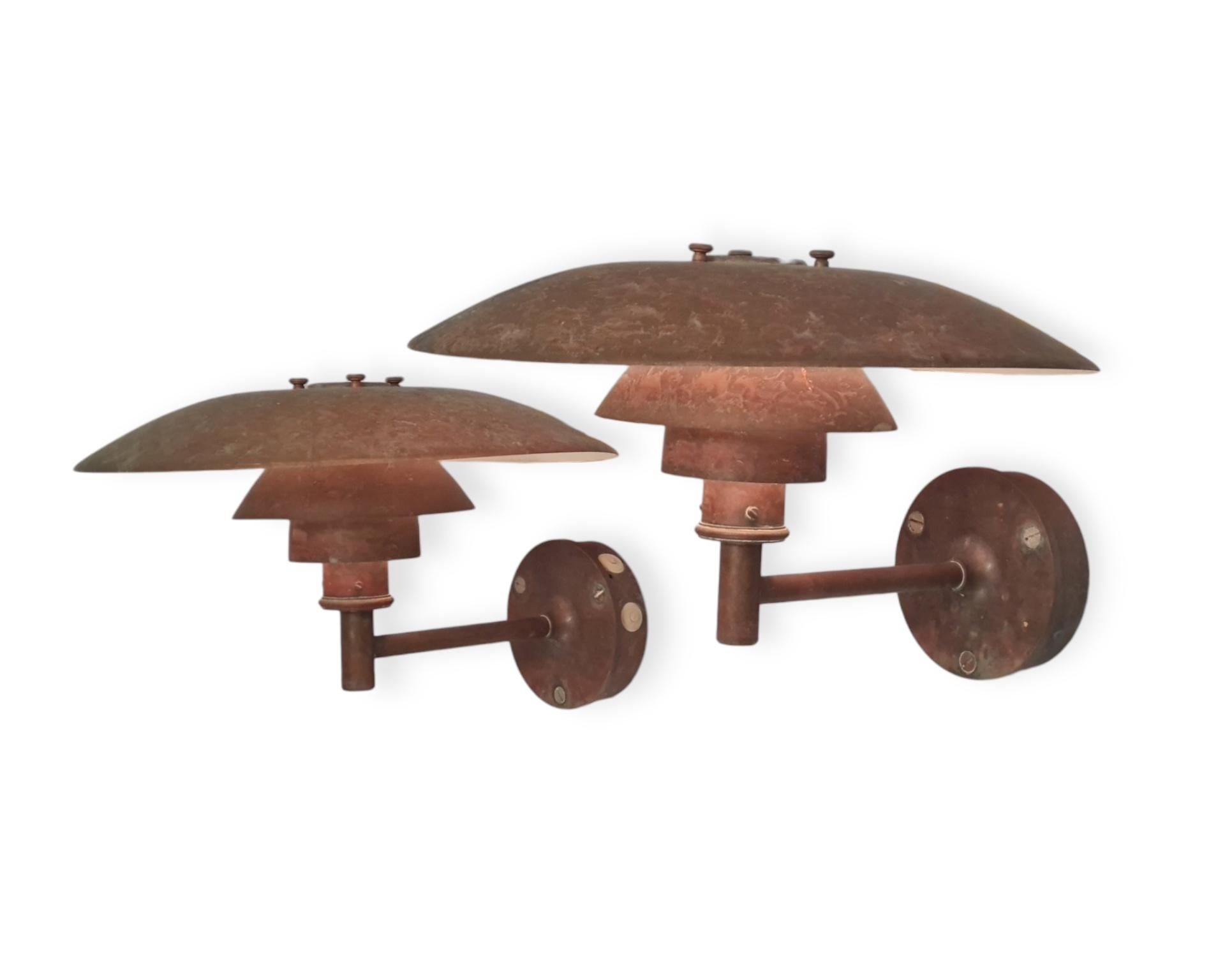Late 20th Century Pair of Outdoor Copper Poul Henningsen Wall Lamps, Louis Poulsen, Amazing Patina