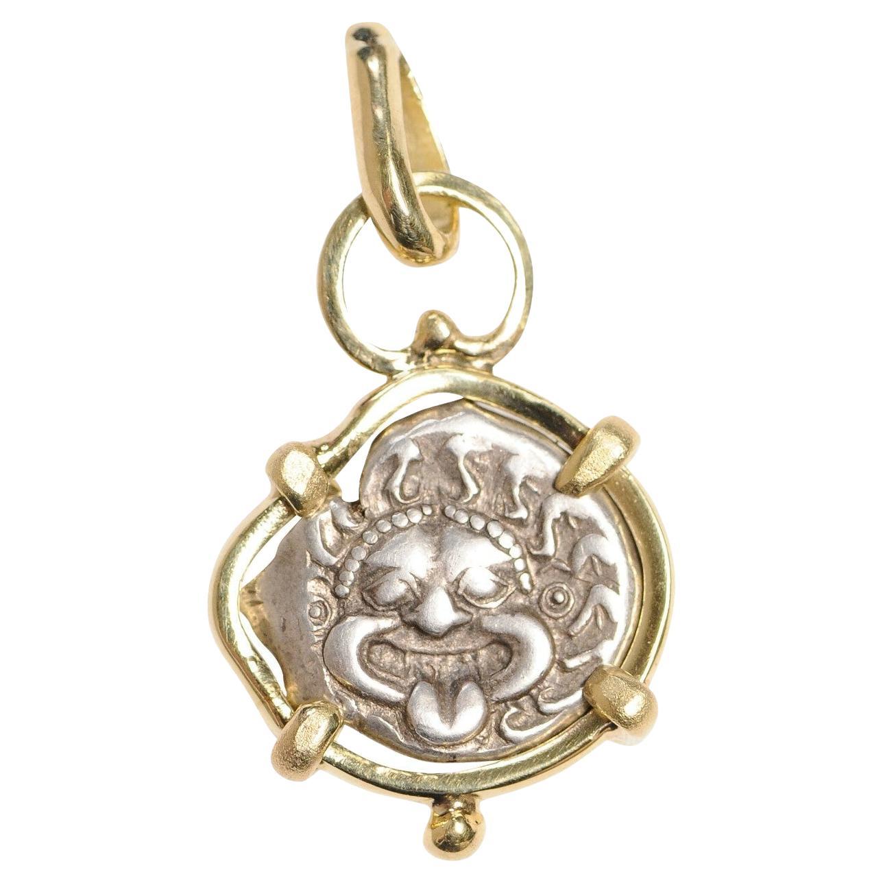 Gorgon & Anchor Coin Pendant in 18kt Gold For Sale