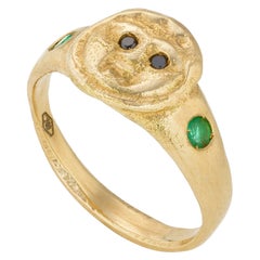 Gorgoneion Pinky Ring, 18 Karat Yellow Gold with Black Diamond and Emerald