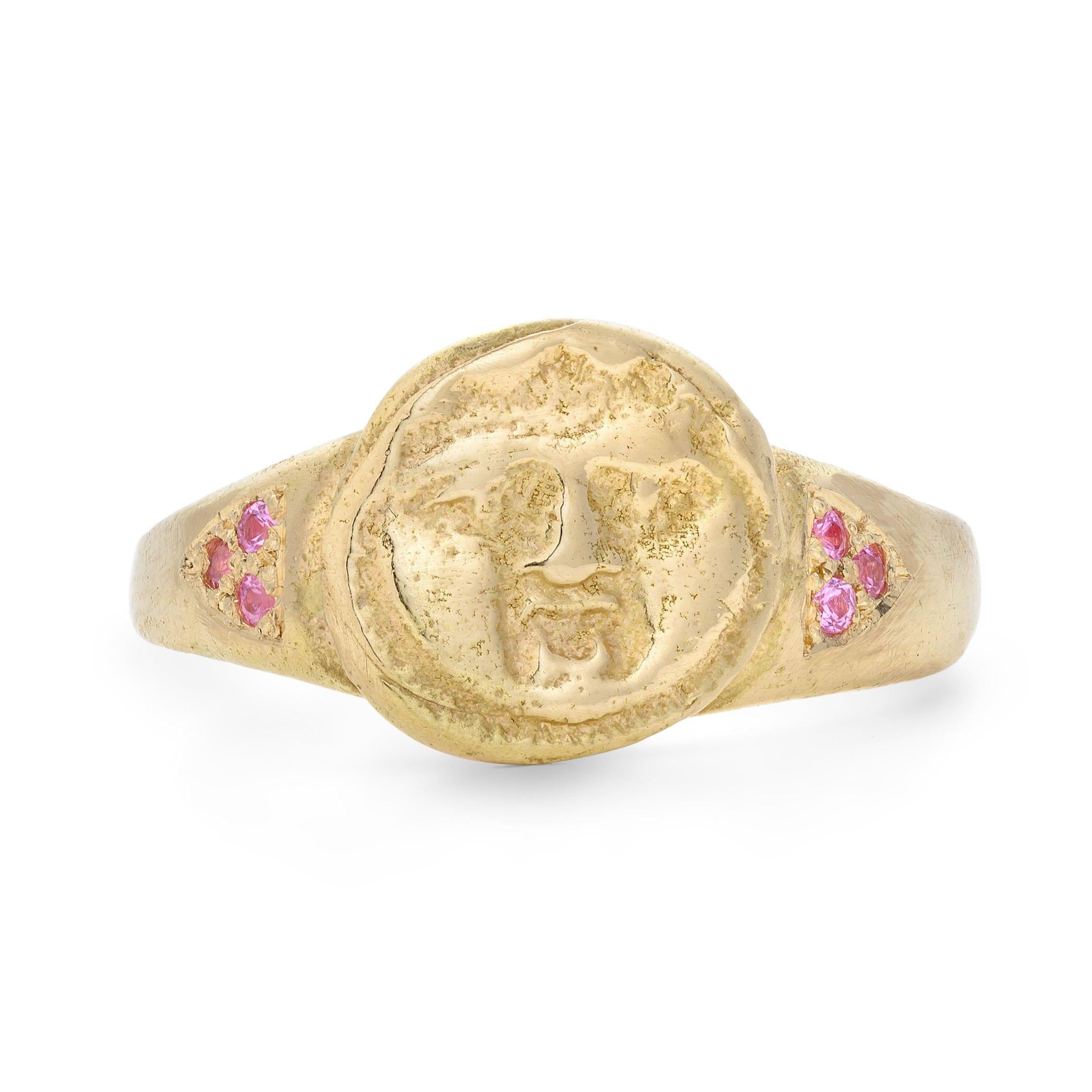 Gorgoneion Pinky Ring, 18 Karat Yellow Gold with Pink Sapphire
Handcrafted and individually cast in 18-karat gold. Rose gold also available. Olivia carves each piece from wax, making these items unique, which we believe is what gives them their