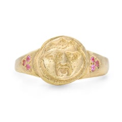 Gorgoneion Pinky Ring, 18 Karat Yellow Gold with Pink Sapphire