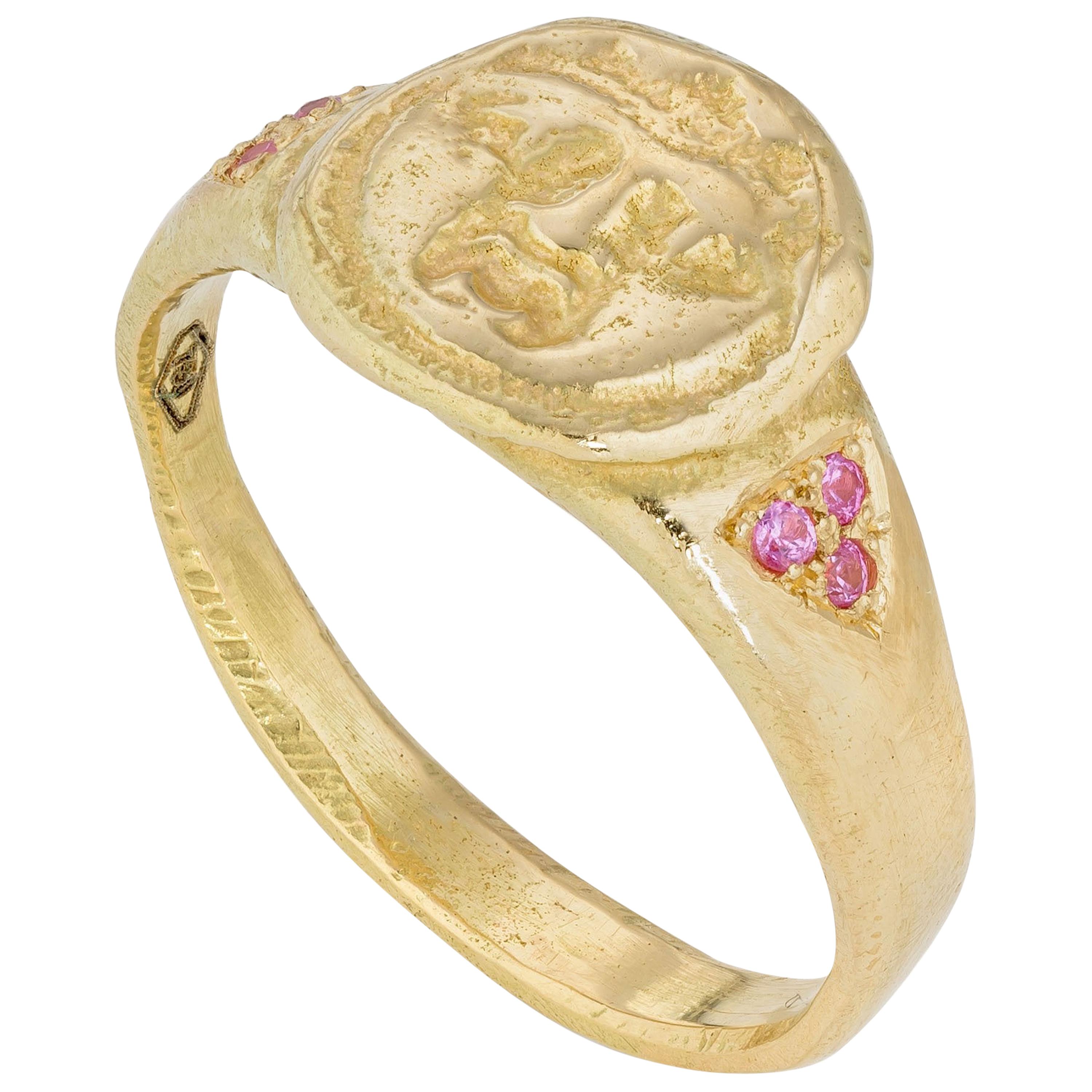 Gorgoneion Pinky Ring, 18 Karat Yellow Gold with Pink Sapphire For Sale