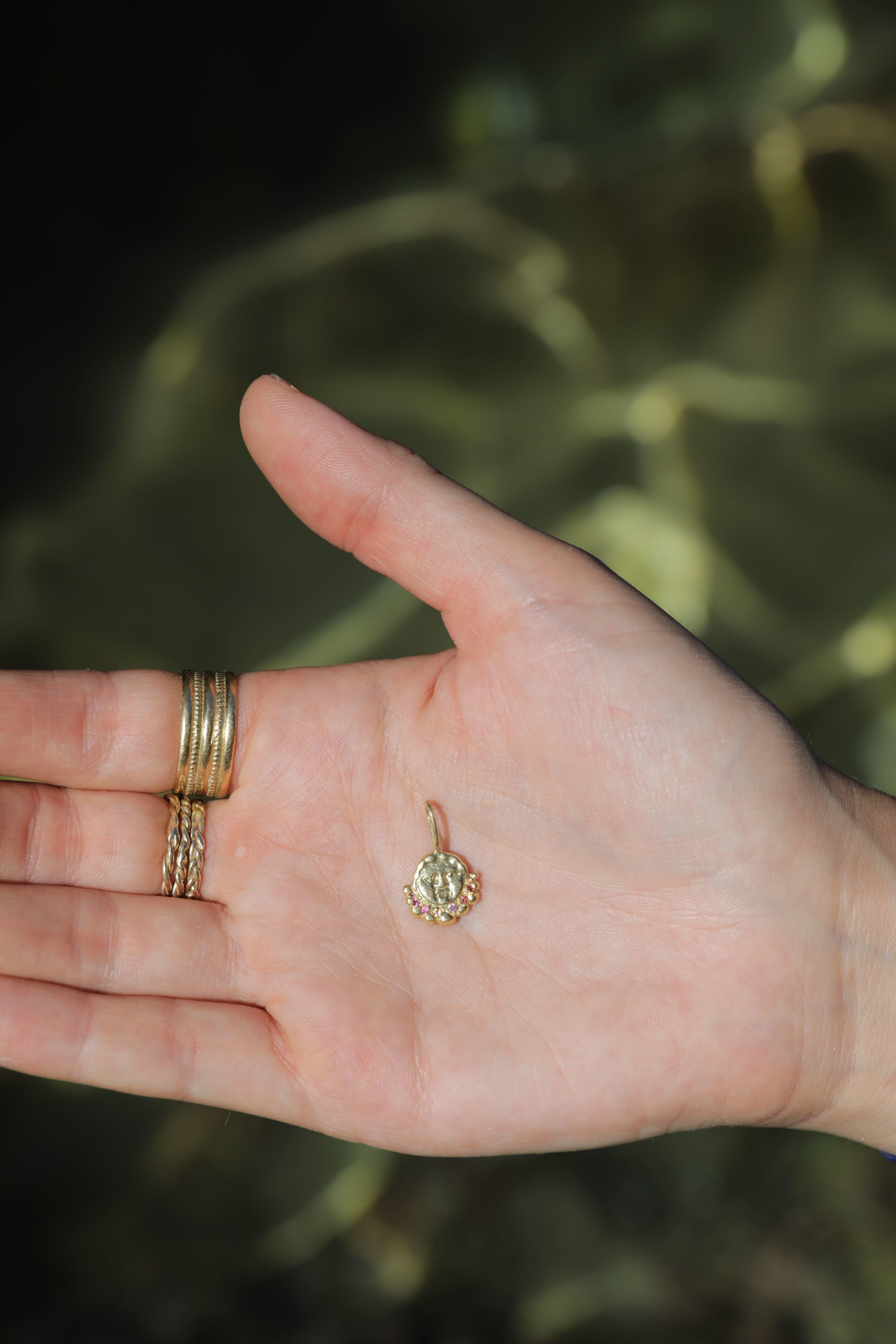 Women's Gorgoneion Radiance Necklace, 18 Karat Yellow Gold with Sapphire, Ruby, Diamond For Sale