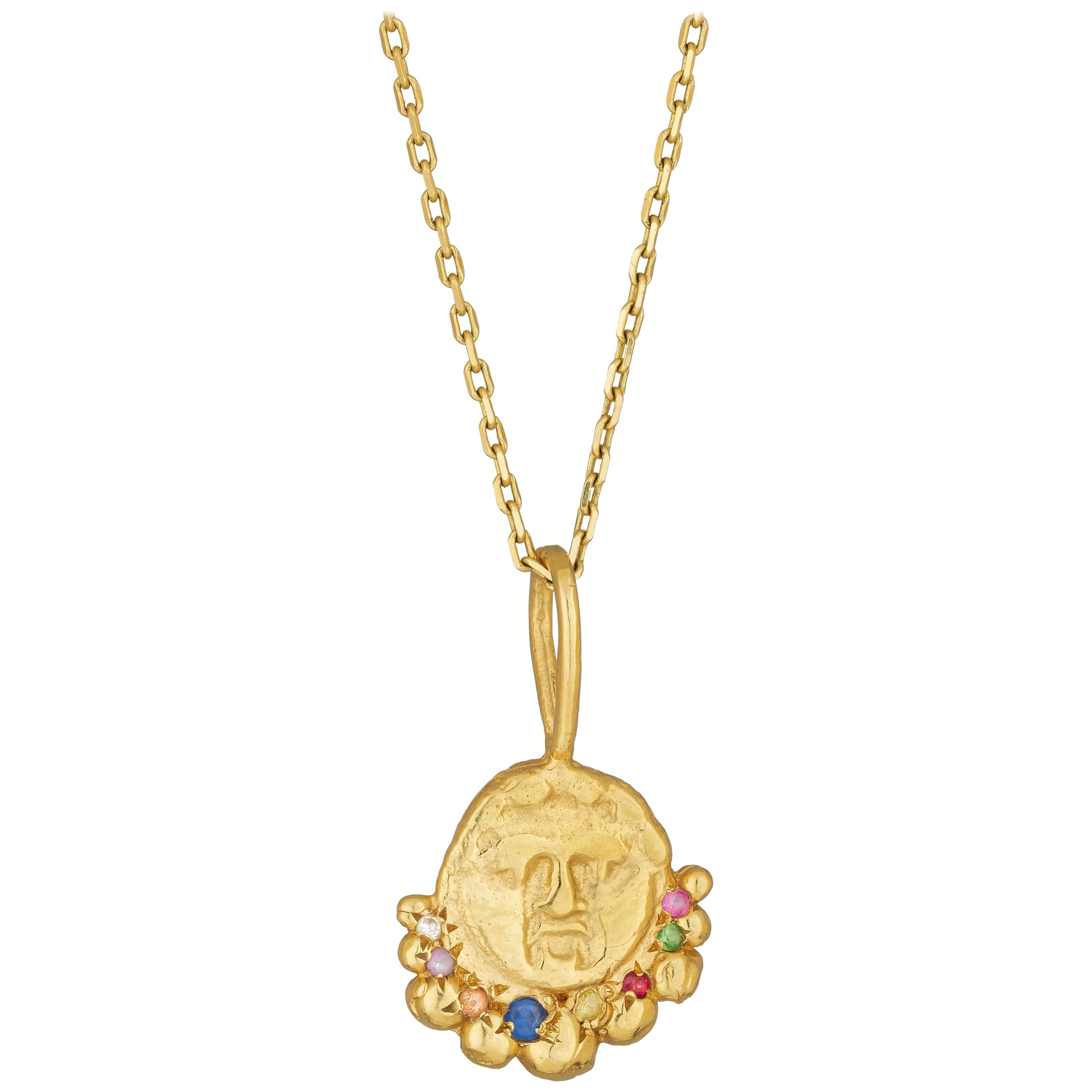 Gorgoneion Radiance Necklace, 18 Karat Yellow Gold with Sapphire, Ruby, Diamond For Sale