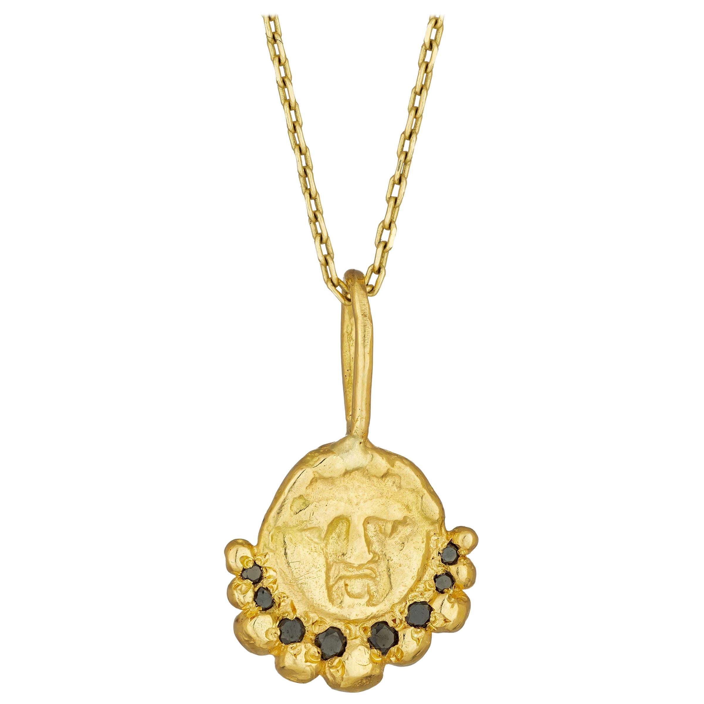 Gorgoneion Radiance Pendant with Black Diamonds, 18 Karat Yellow Gold For Sale