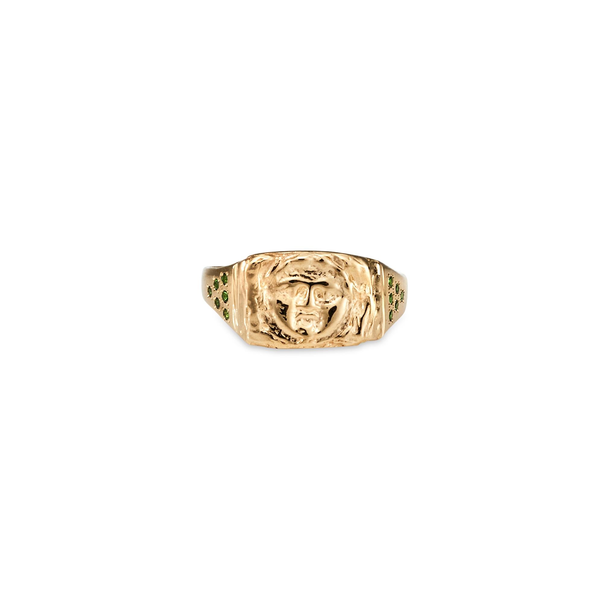 Gorgoneion Signet Ring, 14 Karat Yellow Gold with Tsavorite Garnet
Handcrafted and individually cast in solid gold. Olivia carves each piece from wax, making these items unique, which we believe is what gives them their beauty. The Gorgoneion Signet