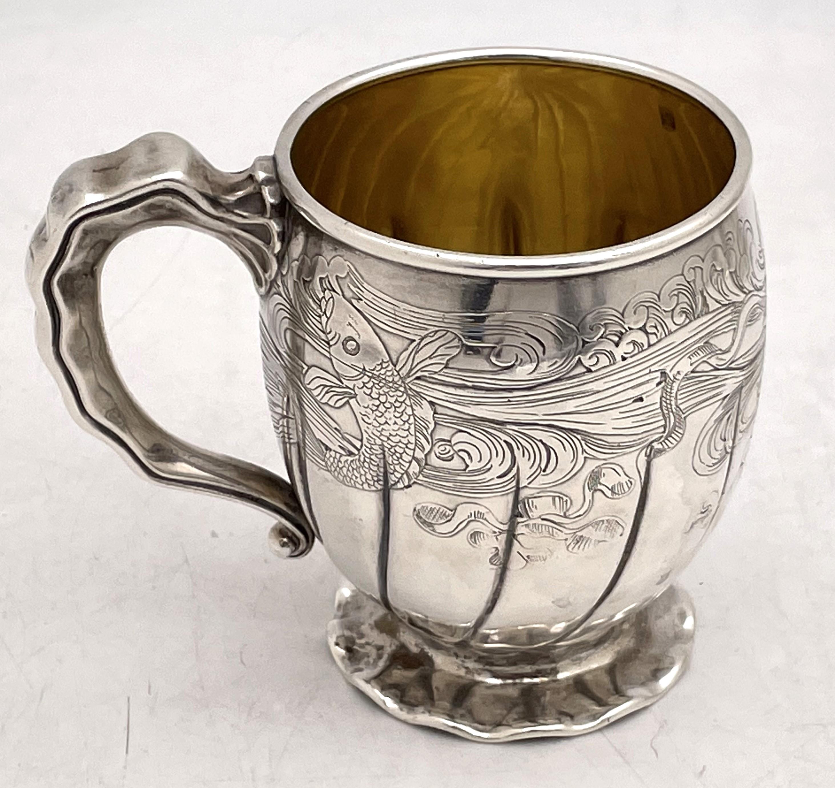 American Gorham 1880 Sterling Silver Etched Child's Christening Mug with Aquatic Motifs For Sale