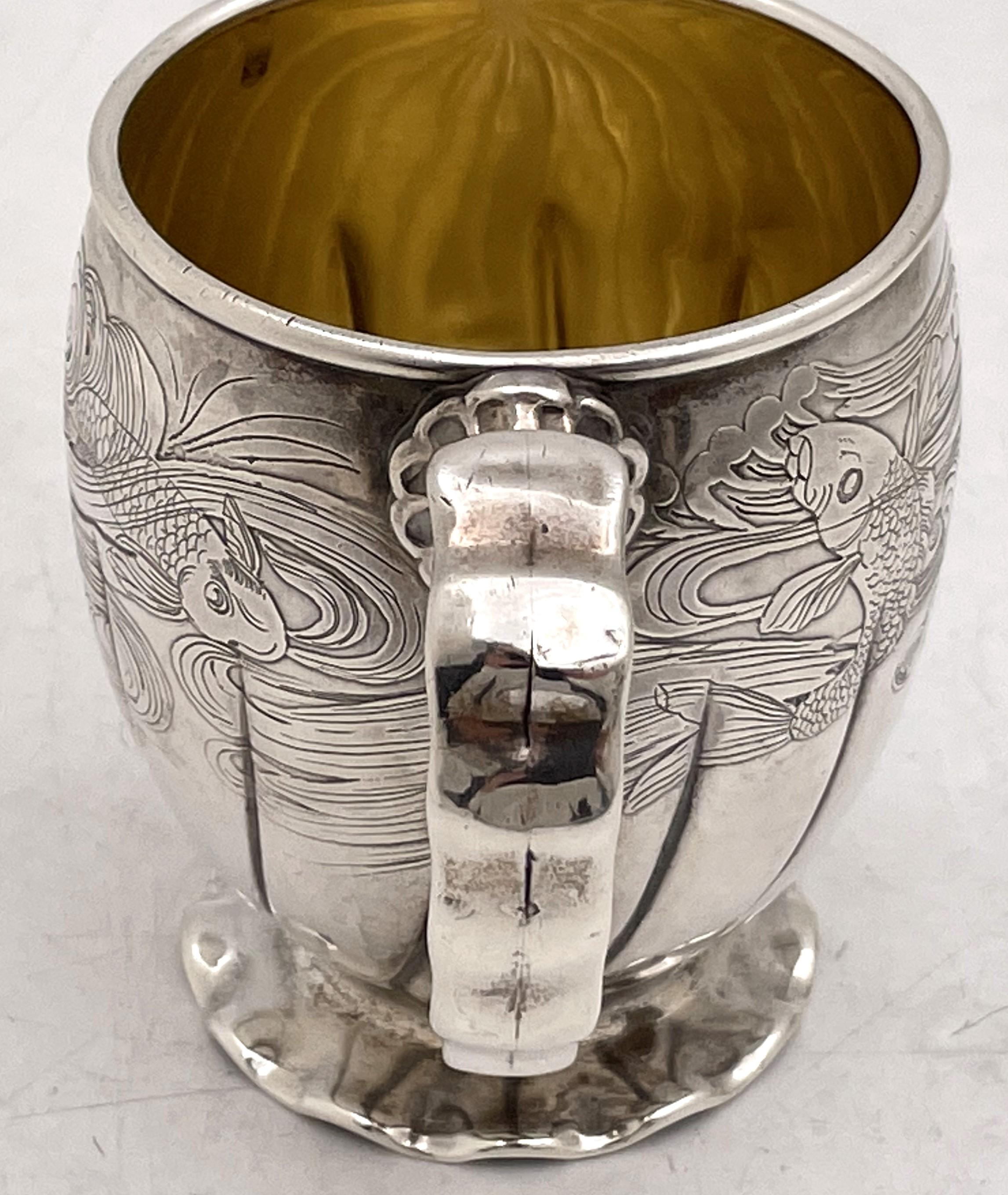 Gorham 1880 Sterling Silver Etched Child's Christening Mug with Aquatic Motifs In Good Condition For Sale In New York, NY