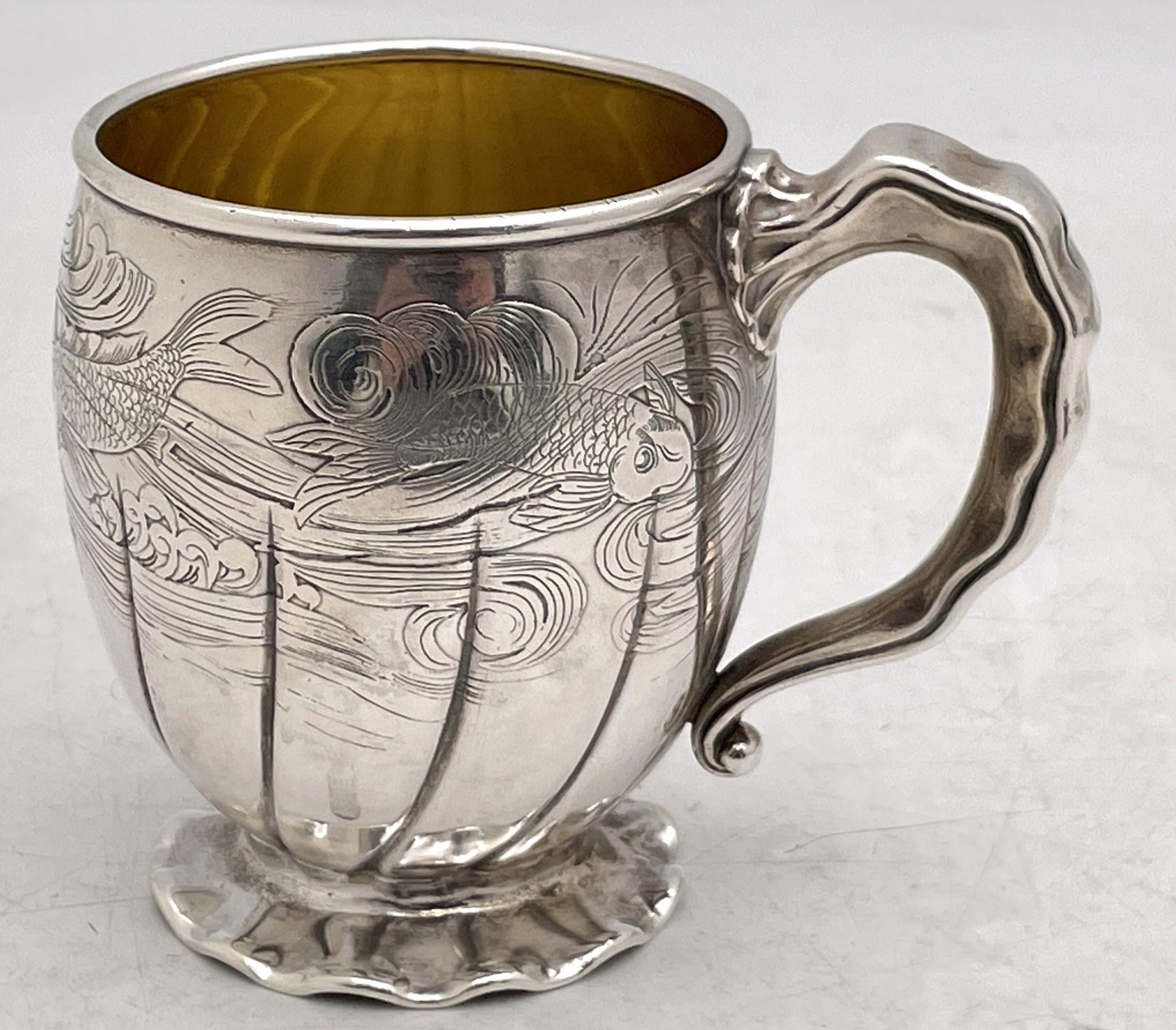 19th Century Gorham 1880 Sterling Silver Etched Child's Christening Mug with Aquatic Motifs For Sale