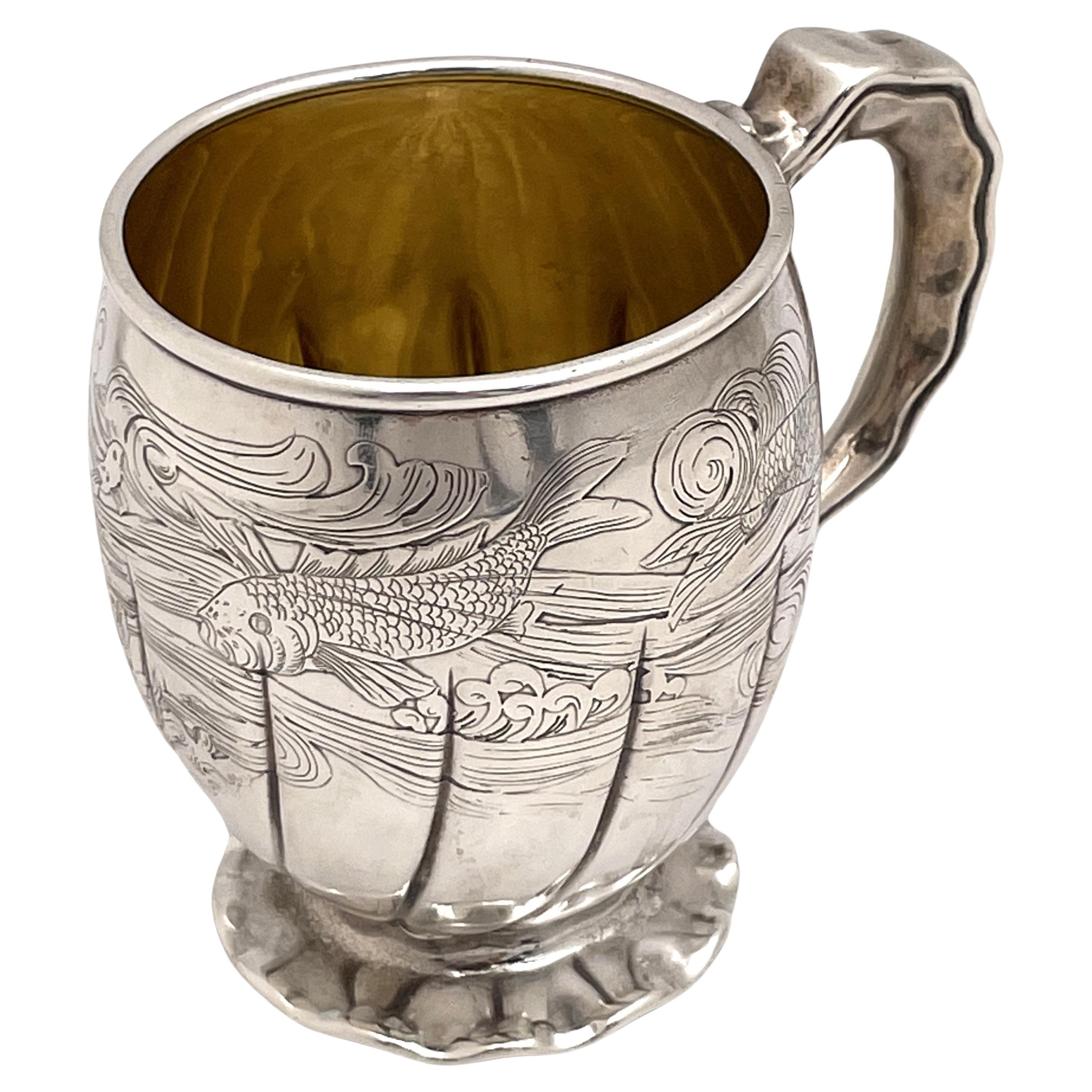 Gorham 1880 Sterling Silver Etched Child's Christening Mug with Aquatic Motifs For Sale