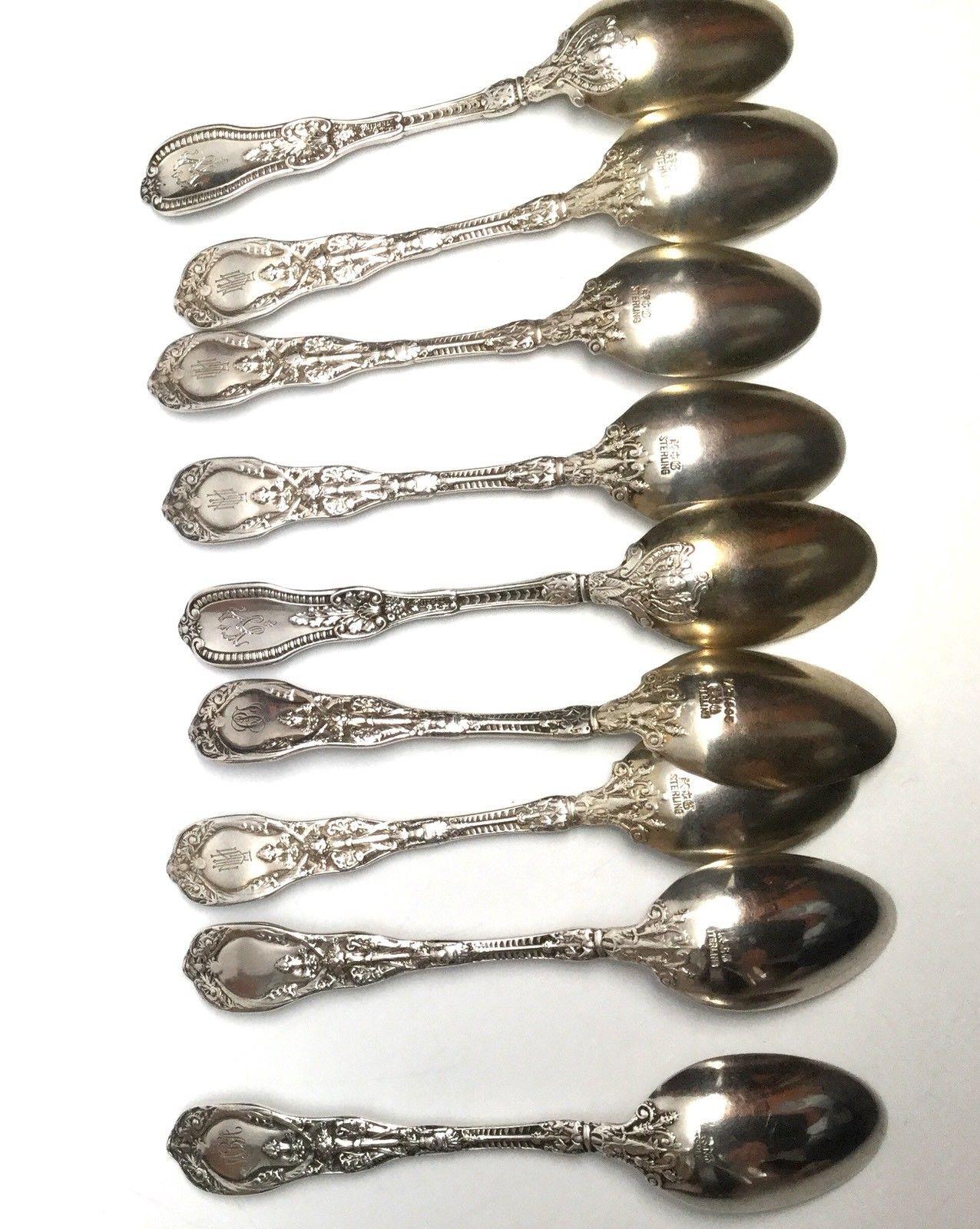 Gorham 1894 Mythologique Sterling Silver Set of 9 Demitasse Spoons In Good Condition In Washington Depot, CT