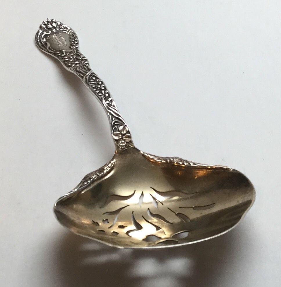 Gorham 1897 Meadow Sterling Silver Gold Washed Bon Bon Nut Spoon For Sale 1