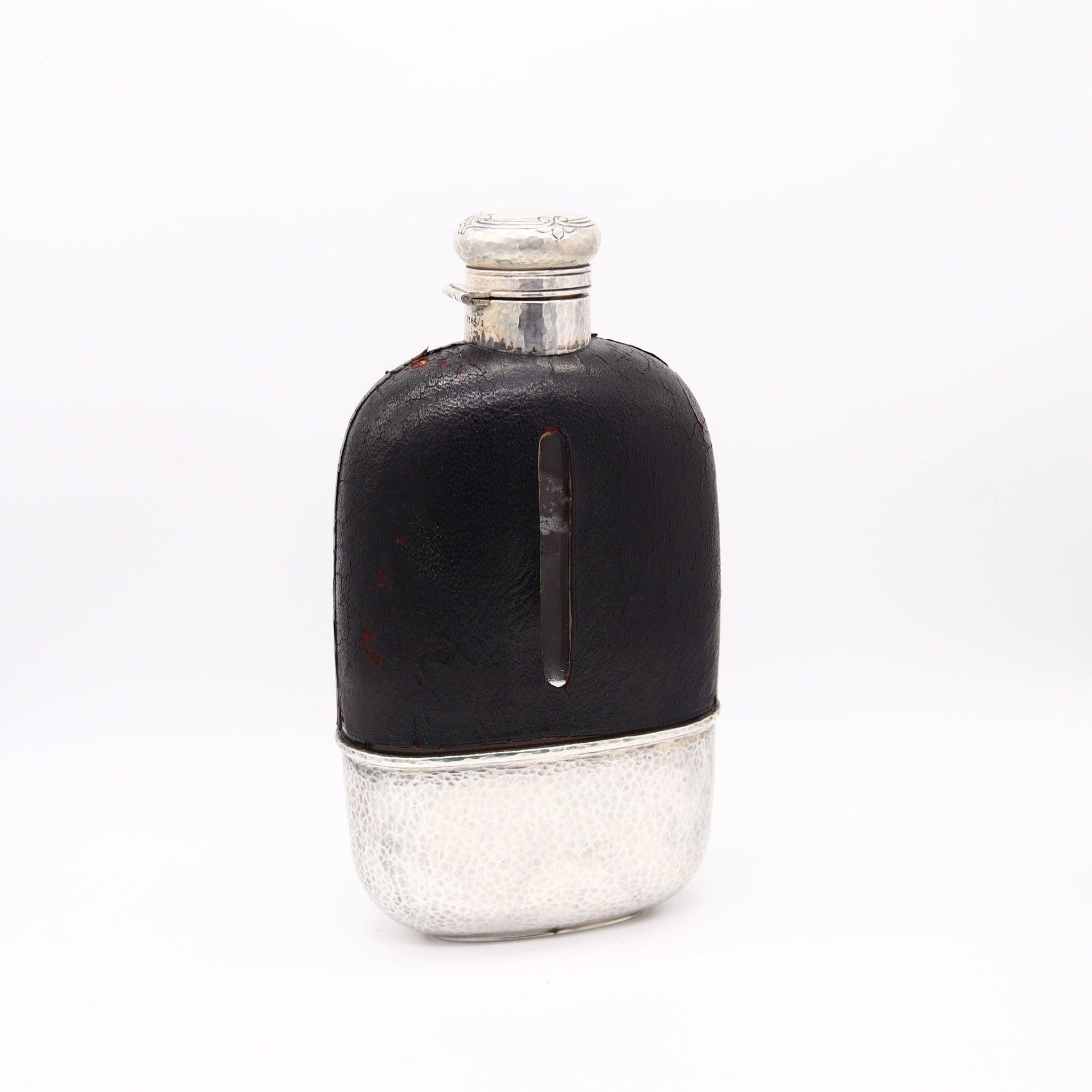American GORHAM 1900 Large Liquor Flask In Clear Glass, Hammered .925 Sterling & Leather For Sale