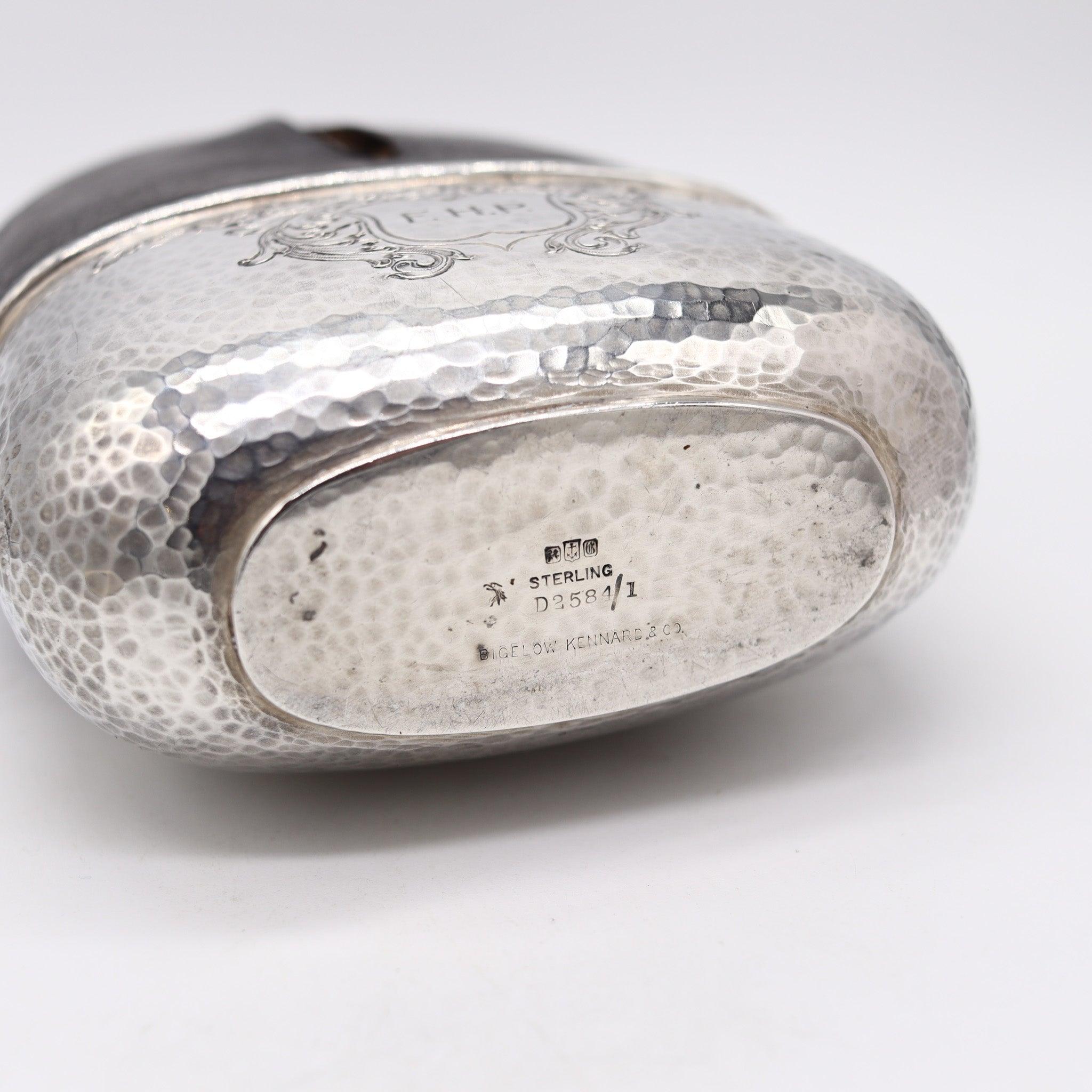 Silver GORHAM 1900 Large Liquor Flask In Clear Glass, Hammered .925 Sterling & Leather For Sale