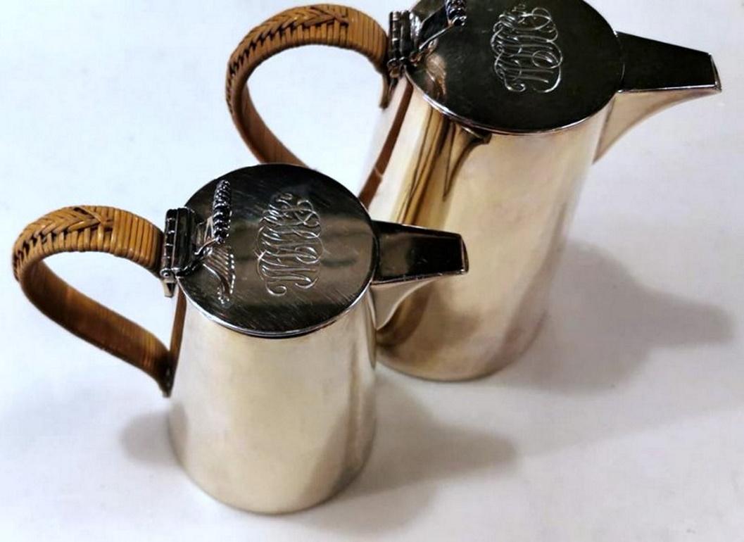 Polished Gorham  Art Deco Pair of Silver Plated Breakfast Jugs with Raffia Handles For Sale