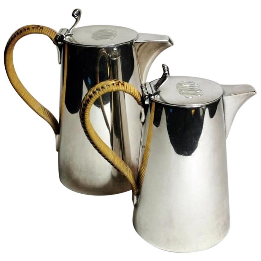 Gorham  Art Deco Pair of Silver Plated Breakfast Jugs with Raffia Handles For Sale